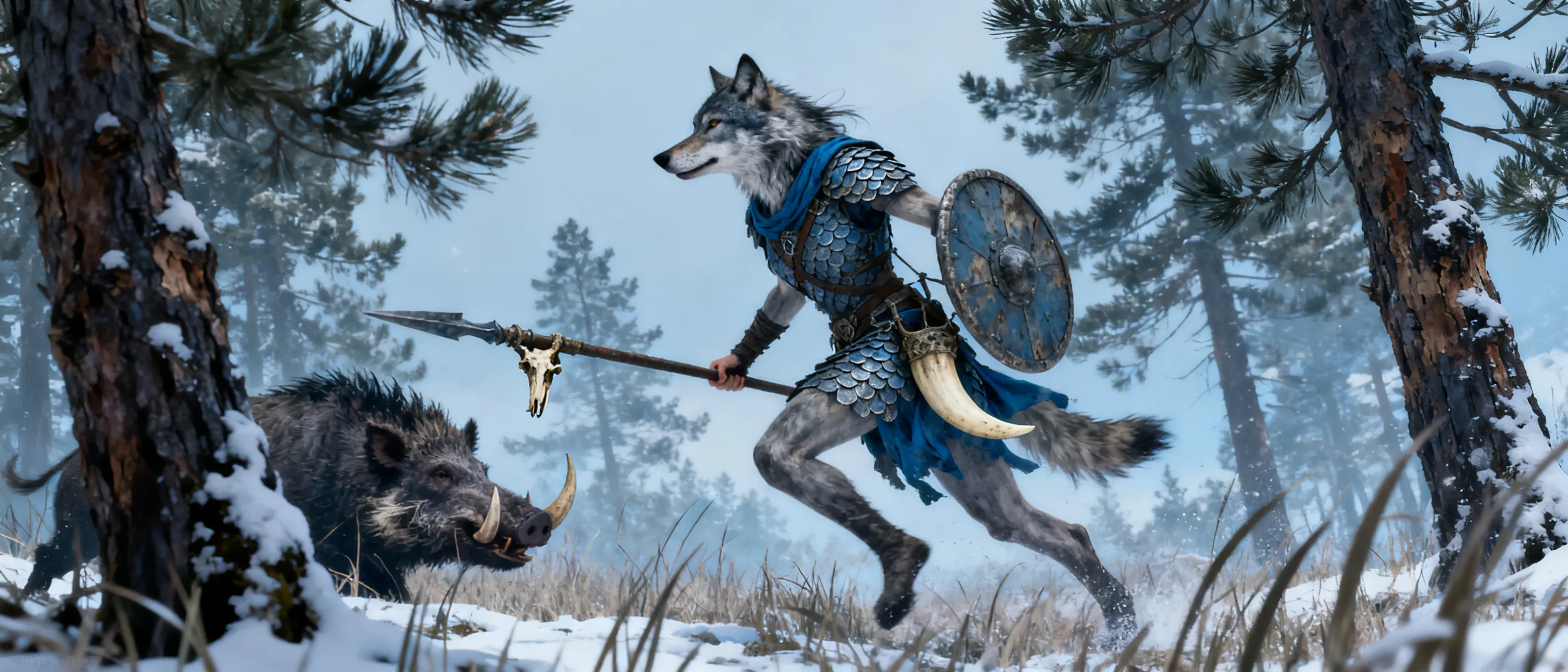Lean wolf-like huntress in weathered scale mail with a shield and spear, moving through cold pine forests and snow-dusted grasslands with a dire boar tusk trophy.
