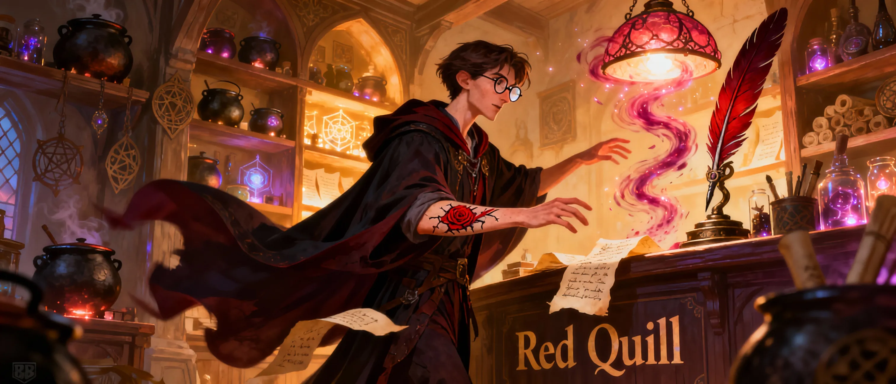 A lean human with ink-dark robes, a ruined red quill tattooed along the forearm, and spectacles perched on a keen nose. The shop, Red Quill, glows with shelves of cauldrons, wards, and glimmering scrolls, while a perpetual swirl of ruby dusk seems to spill from a quill-shaped lamp above the counter.