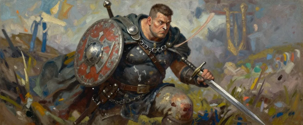 A weathered human male in his late thirties, broad-shouldered and heavyset with a soldier's carriage. Short-cropped iron-brown hair, a broken nose, and a deep scar across his left knee visible beneath a dented chain shirt scored with pale orc axe gouges. A battered round shield with a faded three-shield alliance sigil hangs on his back; a plain longsword rides his hip. Faded alliance cloak, muddy boots, and tired, unimpressed gray eyes that constantly check the exits.
