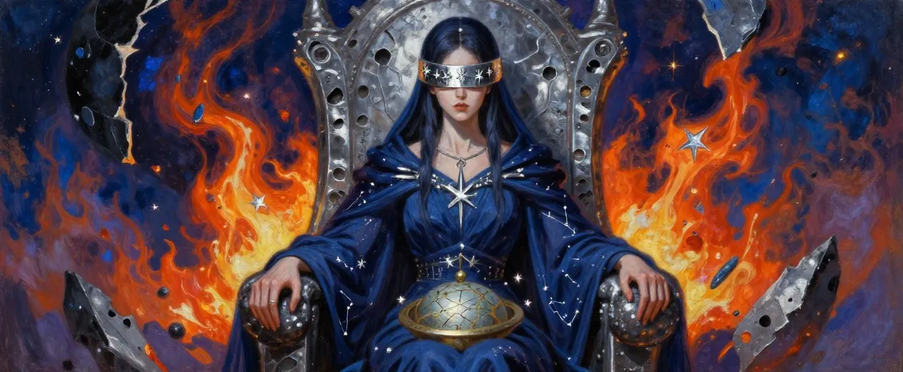 A cinematic high-fantasy portrait of the Oracle of the Broken Star: an impossibly ancient, gaunt woman seated upon a throne forged from pitted meteoric iron, its surface pocked with star-craters and faintly glowing veins of silver. Her eyes are hidden behind a polished silver band engraved with falling-star sigils. She wears layered robes of deep midnight blue stitched with constellations, her hands folded over a cracked astrolabe. Behind her, a shattered observatory dome opens onto a night sky streaked with burning stars. Painterly, moody lighting, silver and ember tones, no text.