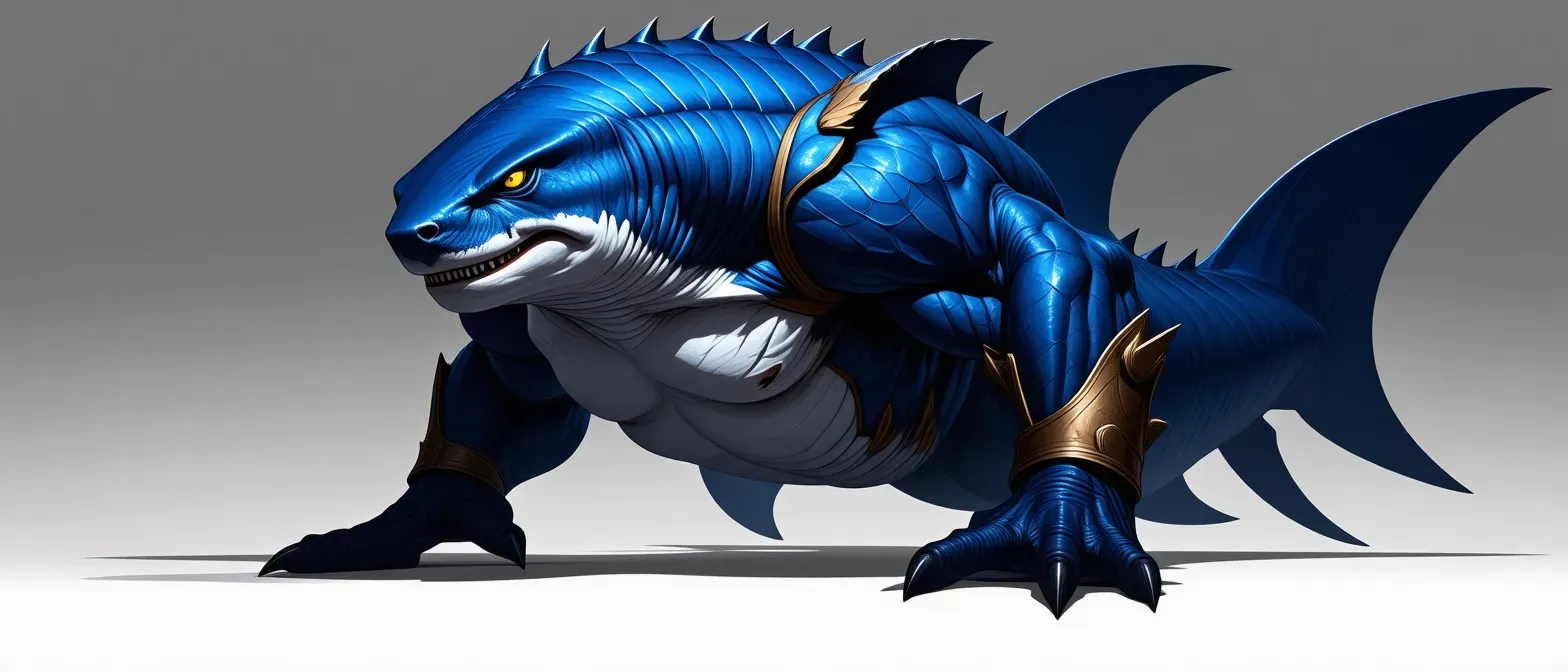 A muscular sharkfolk with blue scales, yellow eyes, and jagged scars. Clad in battered armor, his demeanor is fierce and somber, while his swim fins are adapted for land movement.