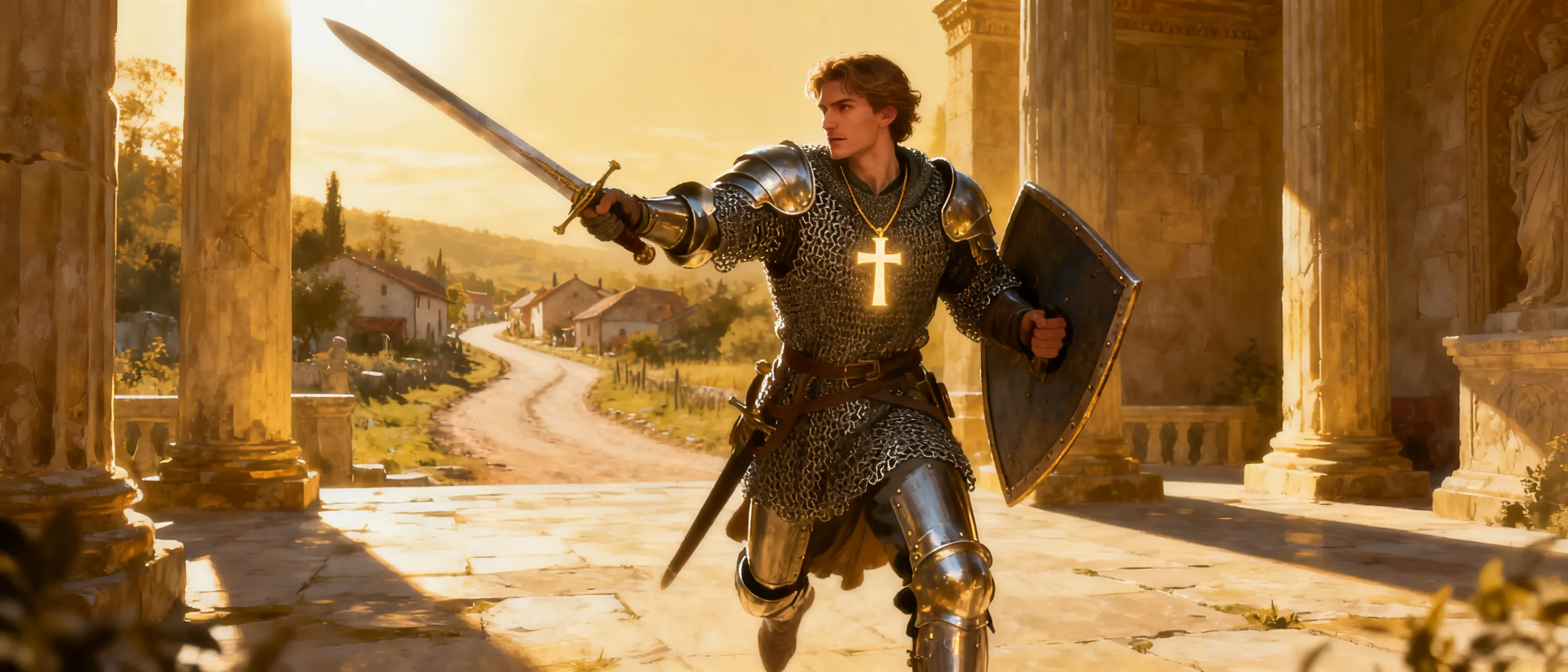 A disciplined human knight in polished chain mail and shield, carrying a simple holy symbol and a longsword, standing in a sunlit temple courtyard or on a road between villages.
