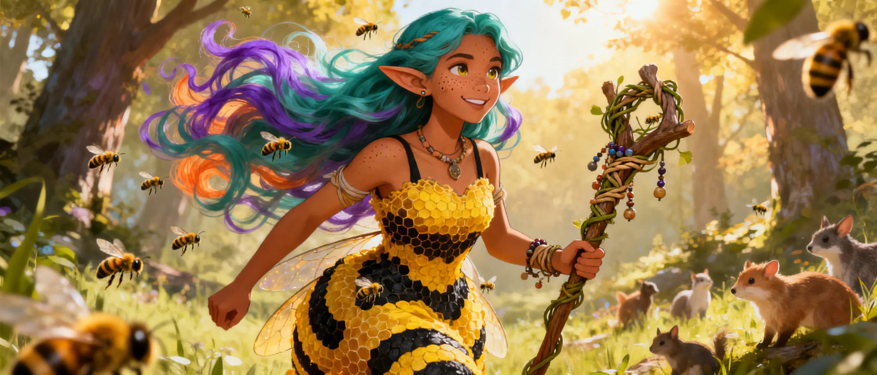 A tan-skinned elf woman with a cute freckled face and a single dimple on her left cheek when she smiles. Her long teal and purple hair flows like a living tangle of sea and sunset. She wears a honey-yellow and black bee-patterned dress, crafted to look like a living hive, with real tiny bees swirling around the pattern (non-harmful, magical bees). She carries a small staff wrapped with braided vines and beads, and her eyes gleam with a calm, woodland awareness. The setting is a sun-dappled forest edge where bees buzz and small animals gather.