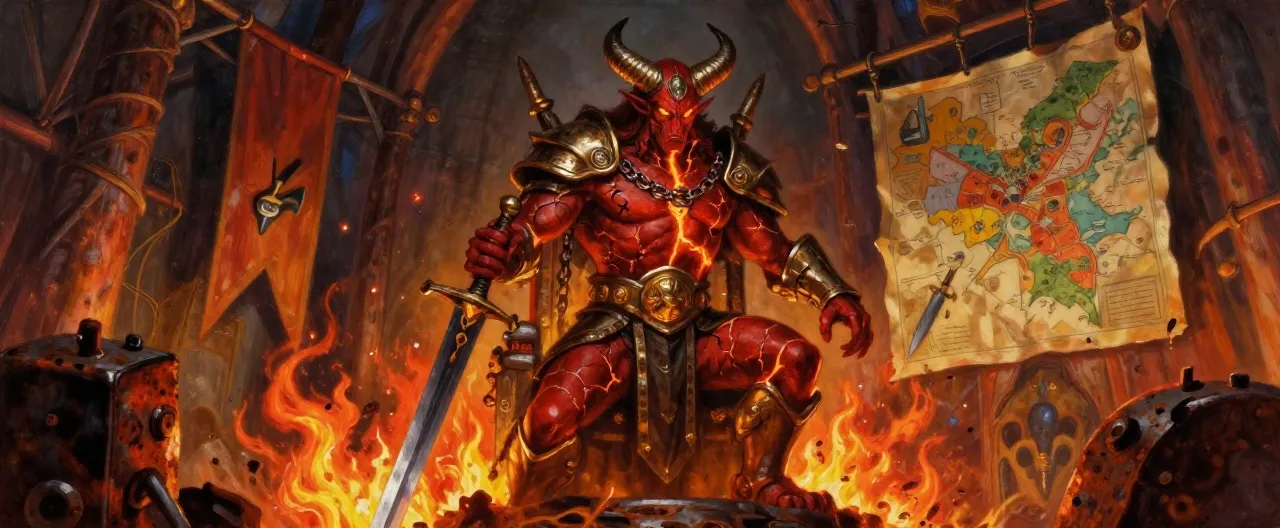 A towering horned devil-warlord in scorched brass plate stands on a throne of welded rusted iron in a citadel hall lit by forge-fires. His skin is deep crimson cracked with glowing seams like cooling lava; broken chains drape one shoulder like a mantle. He holds a black longsword point-down before him, its edge weeping embers. His eyes are twin coins of molten bronze. Behind him, banners of flayed hide hang from iron rafters, and a map of a mortal kingdom is pinned to the wall with a dagger. Painterly, cinematic, dramatic low-angle lighting, no text, no logos.