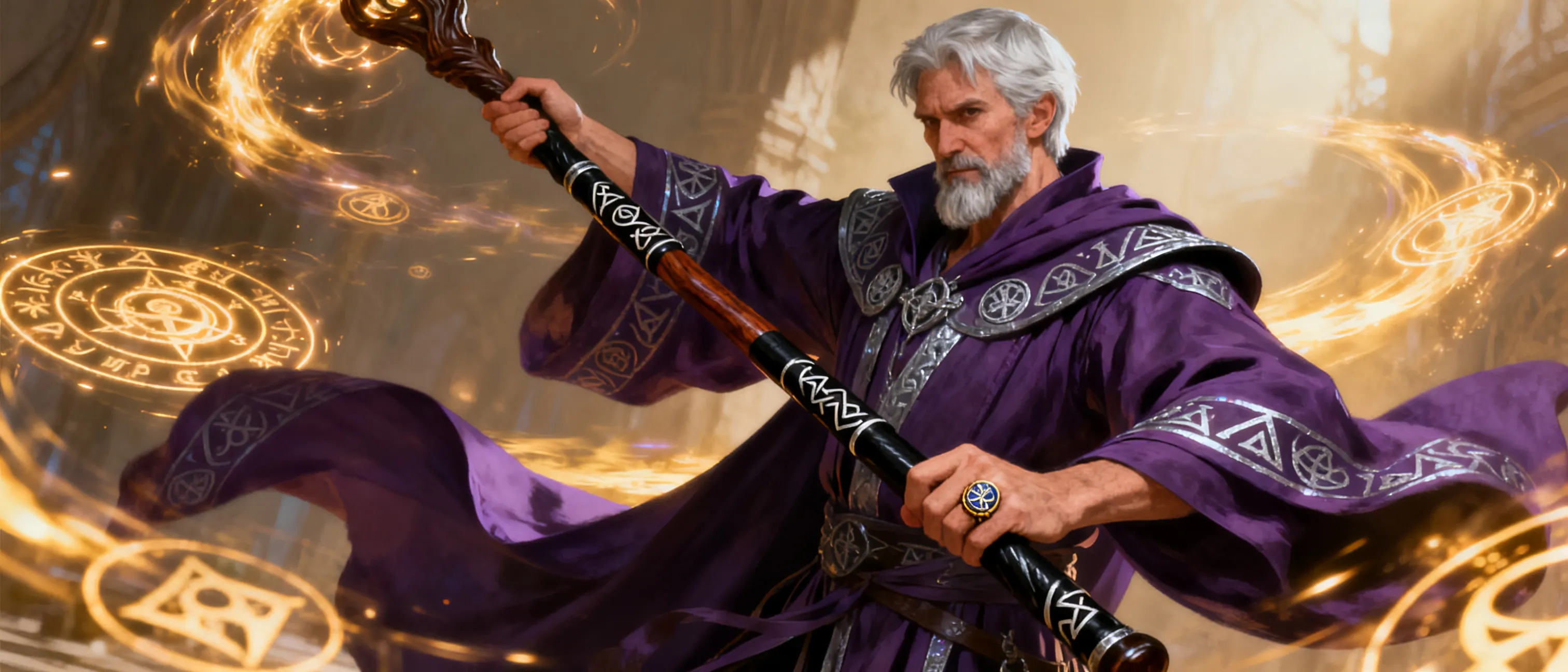 A tall, silver-haired Chondathan human in his late fifties, Theron carries himself with the unbending posture of a man who has chaired a thousand councils. His robes are deep Sembian violet trimmed with silver sigils of warding that faintly shimmer when spells are cast nearby. A short, immaculate grey beard frames a strong jaw; his voice, when raised, fills a hall without effort. He wears a signet ring of the Saerloon Wizards' Guild and carries a staff of polished blackwood banded with abjuration runes.