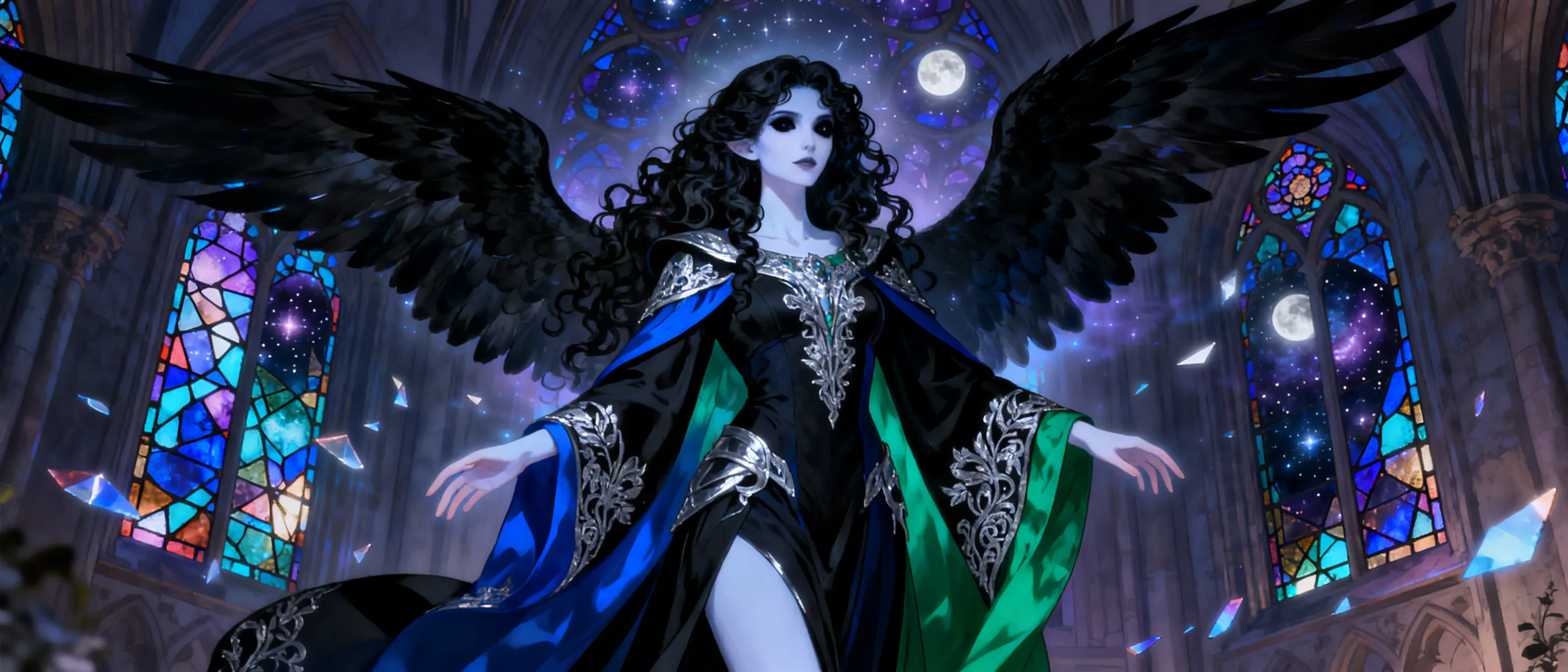 A regal celestial-wars woman with long, curly black hair that cascades to her shoulders. Her skin is pale as moonlight, eyes a deep, abyssal black that seem to hold galaxies. Black feathered wings spread gracefully from her back, a stark contrast to the dark blue, black, forest green, and silver embroidery of her robes. She stands with quiet authority, a subtle glow of radiance surrounding her, and in her gaze you can feel both compassion and unwavering resolve. The setting is a twilight nave where stained glass shards cast multi-hued patterns across her attire, hinting at an otherworldly origin and a life dedicated to purity and healing.