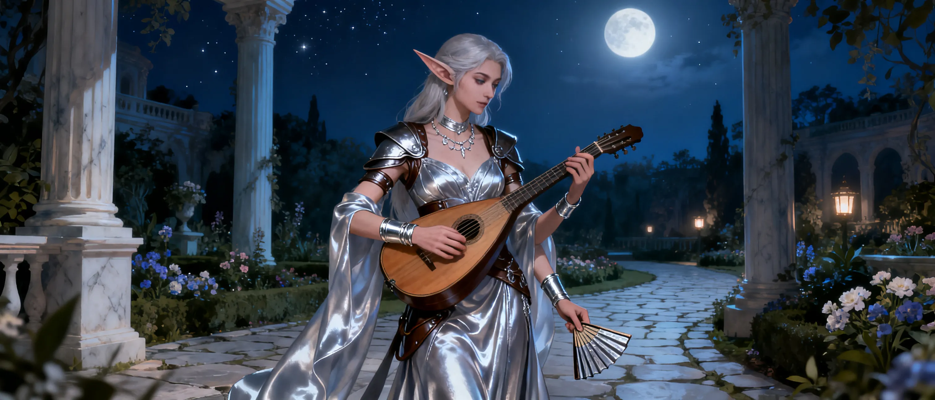 Elegant half-elf-looking high elf noblewoman in silk and fine leather, silver jewelry, and a lute at her side, standing in a moonlit palace garden.