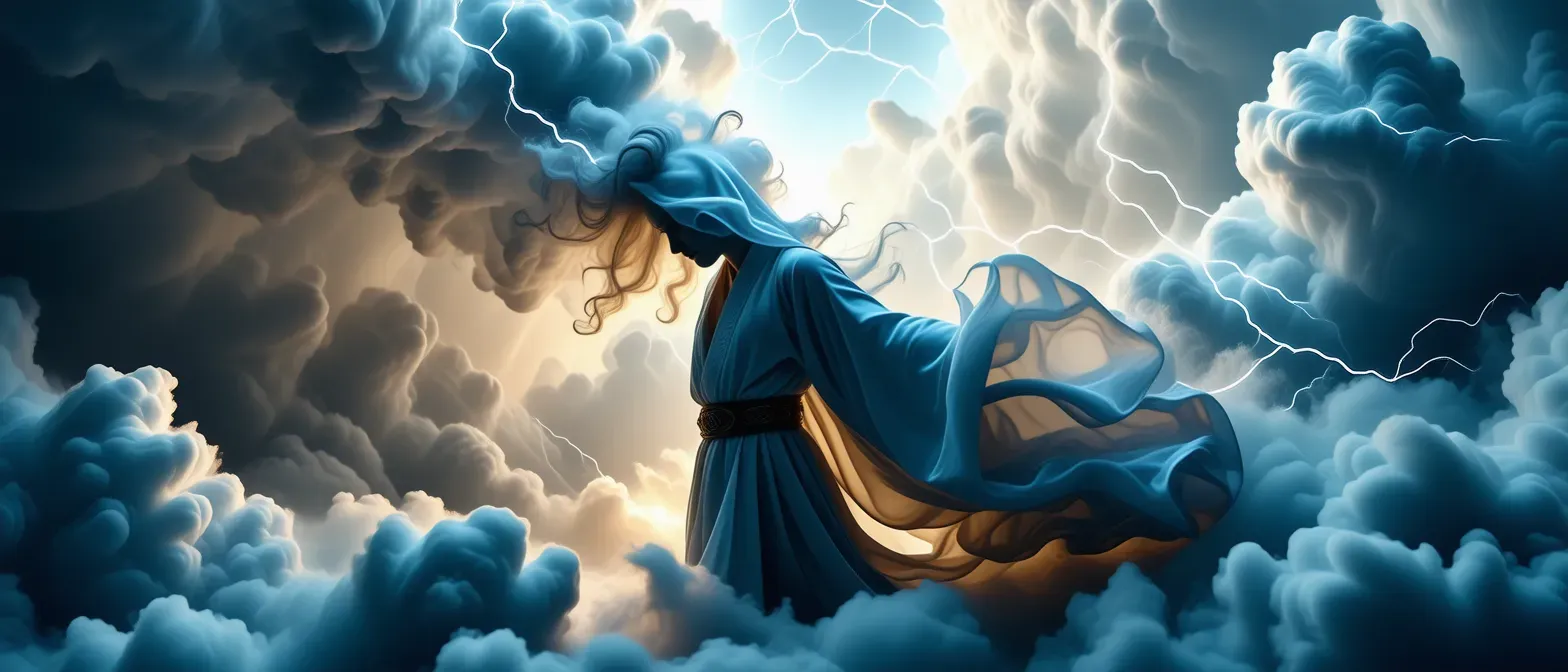 A swirling figure of storm clouds, lightning crackling, adorned in a long tunic, eyes glimmering with celestial light.