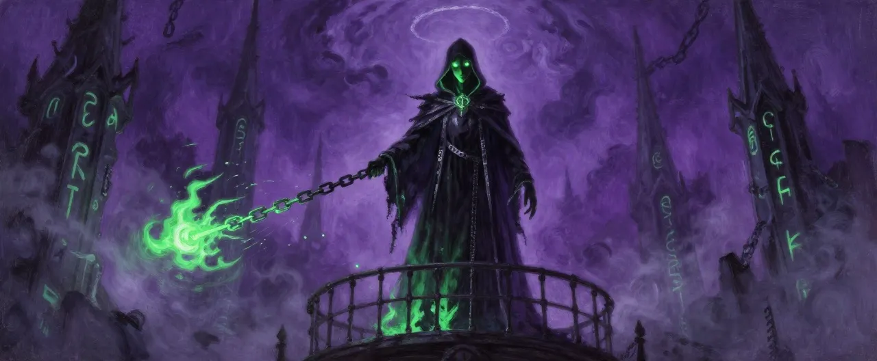 A tall, gaunt figure wreathed in shifting shadow and sickly green light, standing on an iron balcony above a void of swirling purple mist. His face is a hooded blur of light and darkness, with two pinpricks of pale flame for eyes. He wears the tattered regalia of a high priest — black-and-silver vestments fused with prison iron — and drags a broken length of glowing chain that trails sparks of green fire. Behind him, the Bastion's spires rise, etched with luminous runes of binding. His silhouette flickers between a mortal priest and a monstrous mass of shadow, chains floating weightlessly around him like a broken halo.