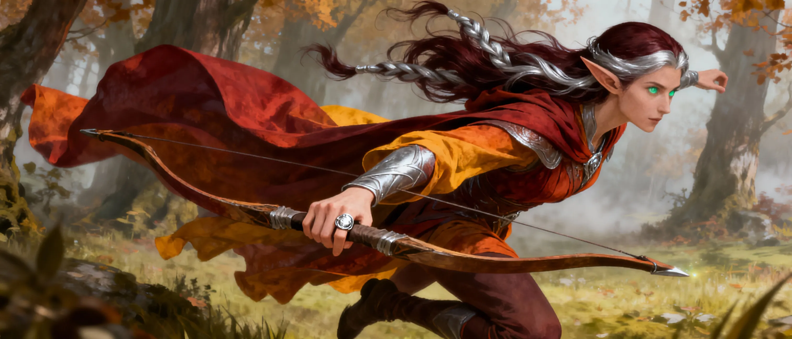 Tall, willowy elf with pale emerald eyes, robes of muted autumn hues, a silver ring on a slender finger; he moves with graceful assurance, his hair a deep chestnut threaded with silver.