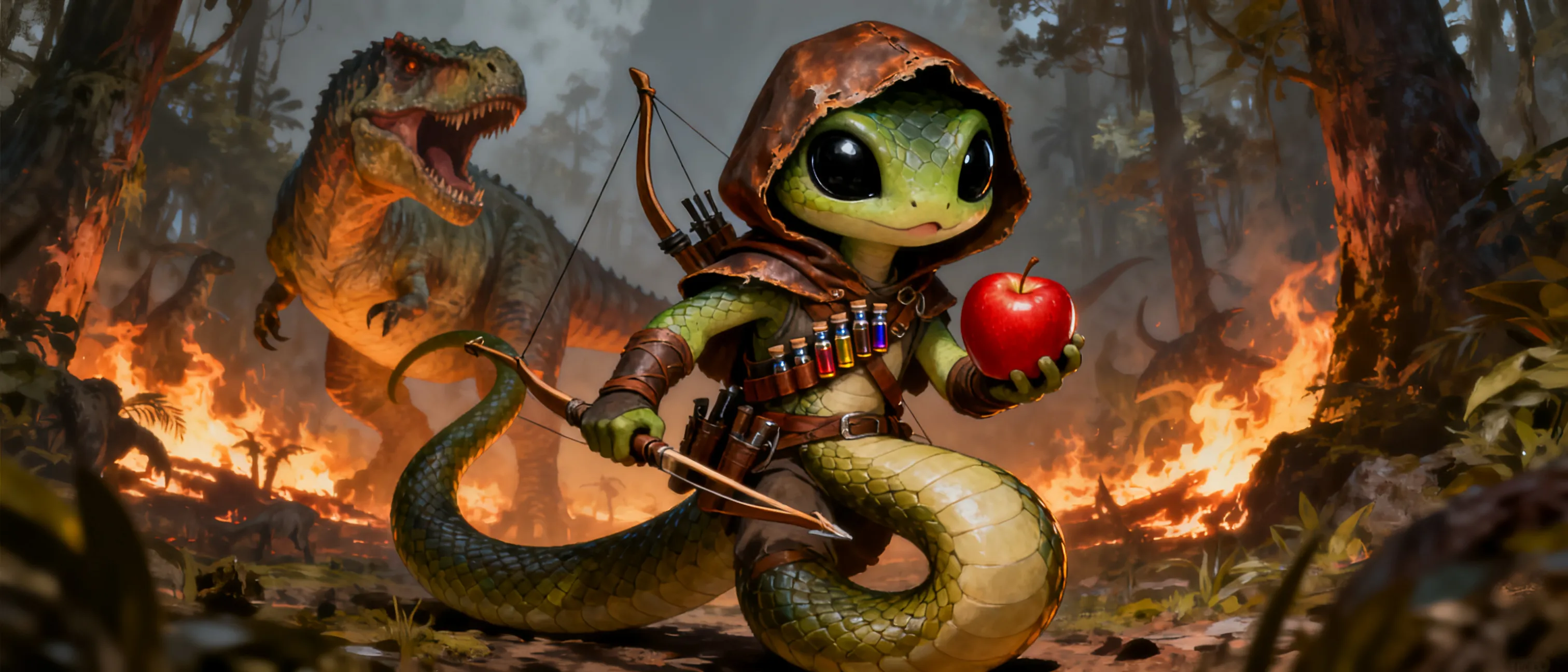 A small, sleek green-and-olive serpentfolk with huge, glossy black eyes and a deceptively adorable face, coiled around a red apple he clutches in his tail. He wears a worn leather hood and a bandolier of tiny vials, a shortbow slung across his scales. Behind him, a dinosaur-overrun forest burns in the distance; his slit pupils gleam with mischief and menace. Full-body character art, painterly fantasy style, dramatic rim lighting.