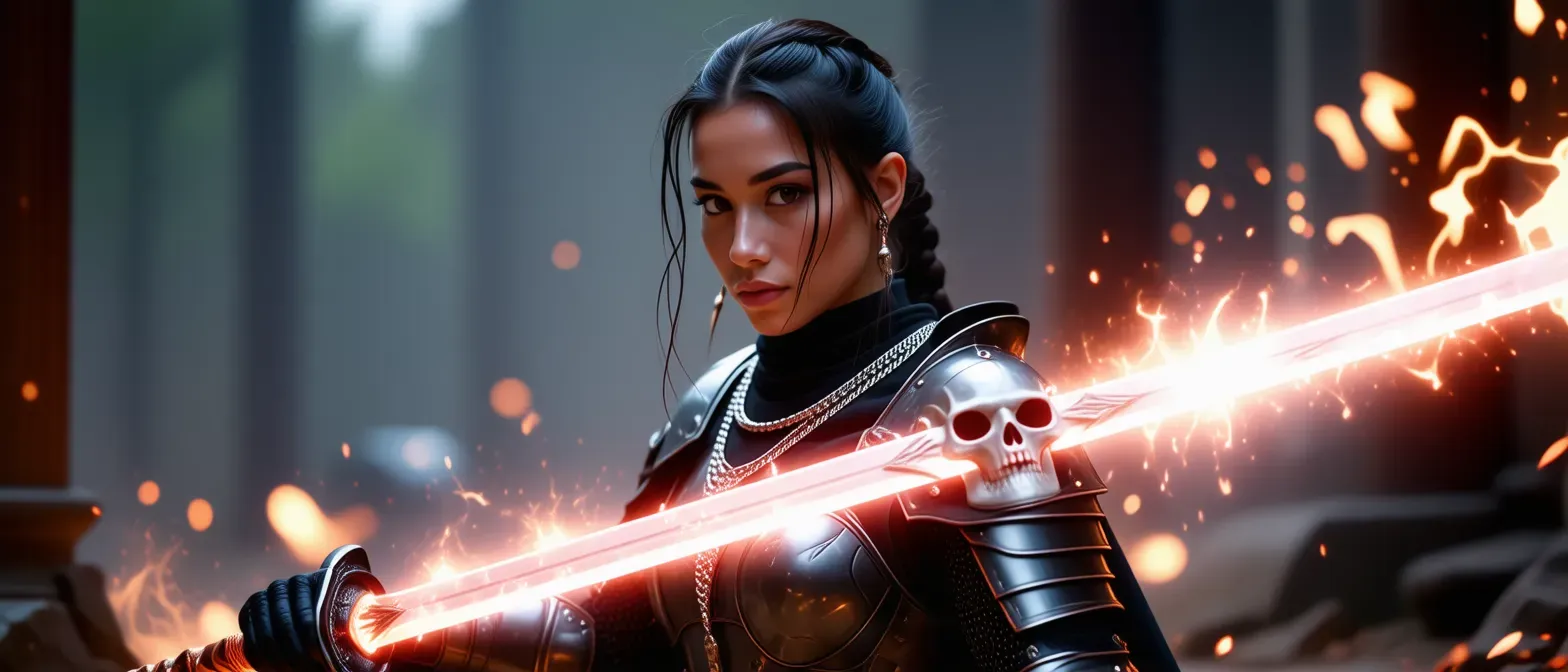 A female level 5 paladin who sword the oath of Rodent Extermination. She has a sword that points to nearest rat nest, and she wears a necklace made out of rat skulls.