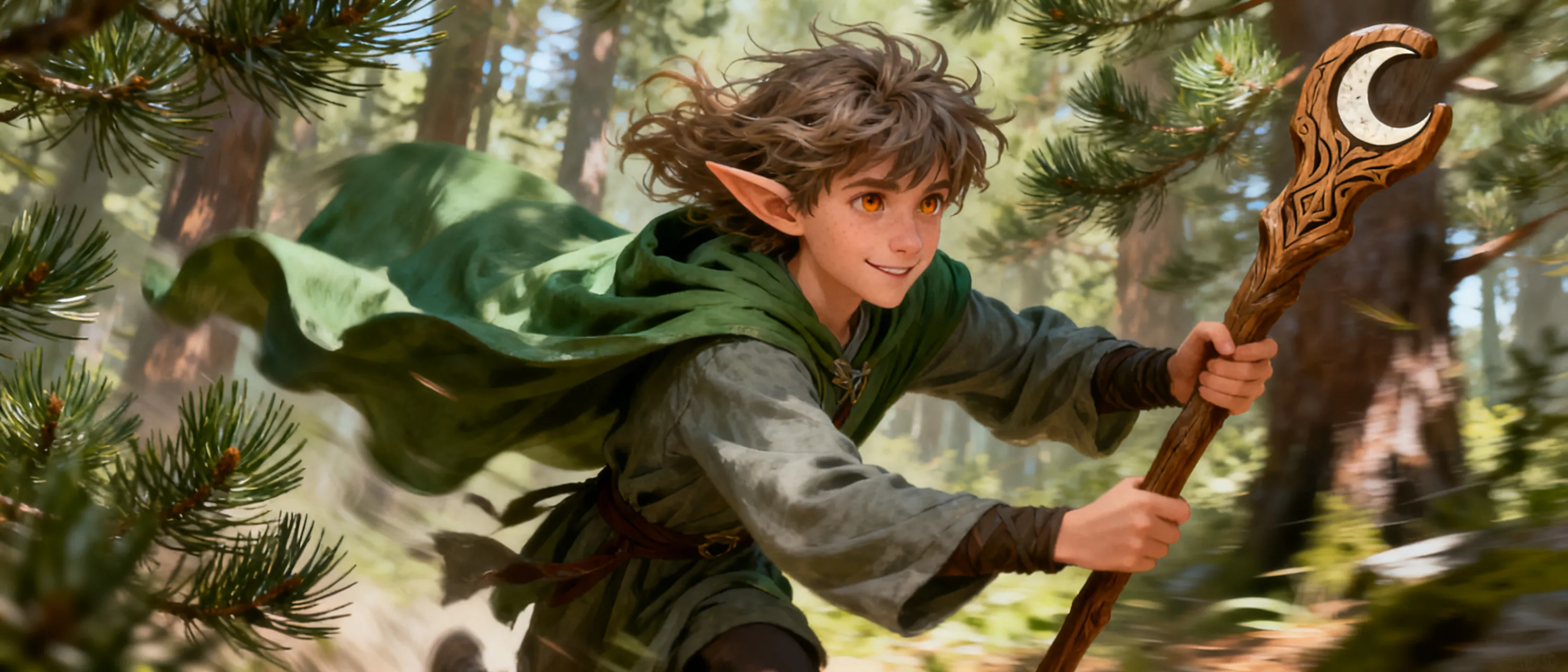 A wood elf, in the younger ages. Had a strong mentor that helped raise Idara in a tribe where they were treated as outsiders. Had to learn Draconic in a dire situation, maybe during the Druid trials