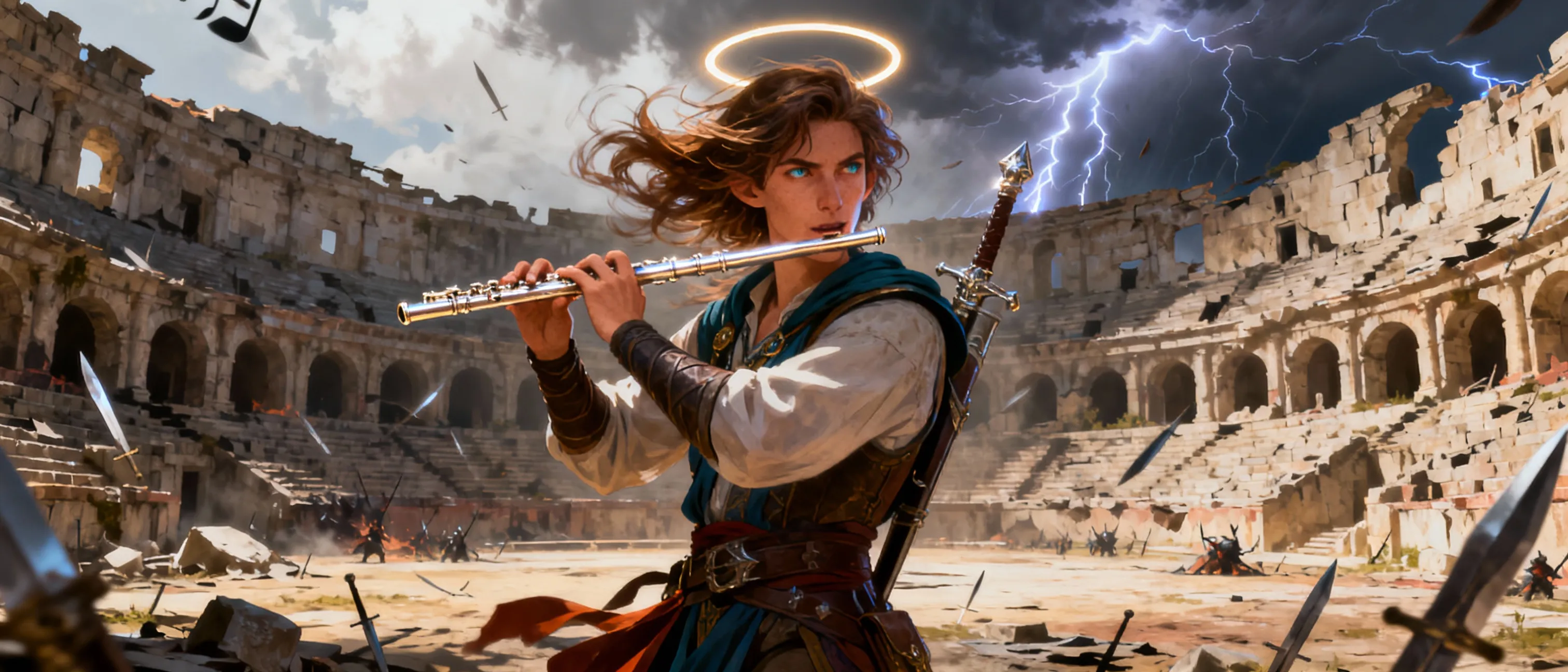 A haloed bard with windswept hair stands amid a ruined amphitheatre, a gleaming flute slung at their back and a thunderous gleam in their eyes. The stage is a battlefield, the notes are blades, and every breath becomes a chord of war. The air crackles with residual charge, like a storm just waiting for a downbeat to explode.
