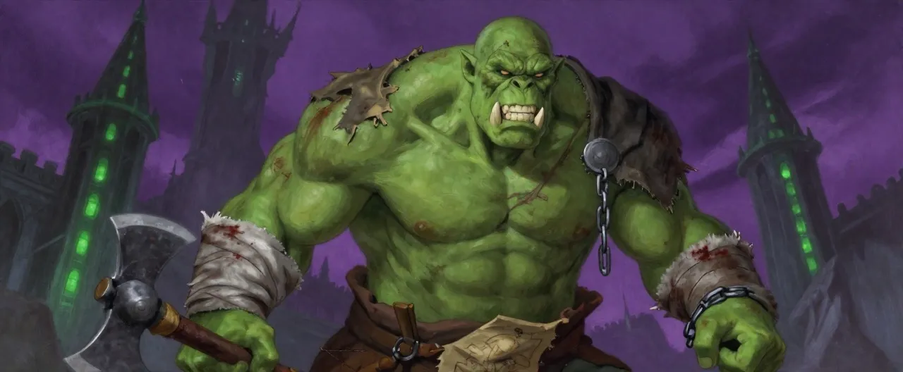 A hulking orc warrior with gray-green skin and a face crisscrossed with old battle scars, one running from brow to jaw. His lower tusks jut upward beneath a fierce, wolfish grin. He is massively muscled, wearing torn prison rags over one shoulder, his forearms wrapped in grimy bandages stained with rust and blood. A broken shackle hangs from his left wrist as a trophy. He carries a greataxe forged from scavenged cell bars, and a torn cloth map fragment is tucked into his waistband. Behind him, the green-lit spires of the Bastion loom against a swirling purple void. Painterly dark fantasy style, dramatic rim lighting in sickly green and violet.