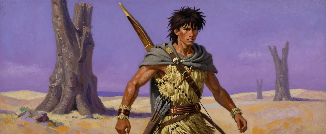 A lean young man in his early twenties with an open, weathered, sun-browned face and wind-tangled dark hair, wearing woven reed-and-copper clothing of Last Root make under a dust-grey traveling cloak, a longbow of petrified-wood laminate across his back, a quiver of grey-fletched arrows at his hip, and a woven reed-and-copper bracelet on one wrist, standing on a dune before colossal petrified tree trunks under a bruised purple sky.