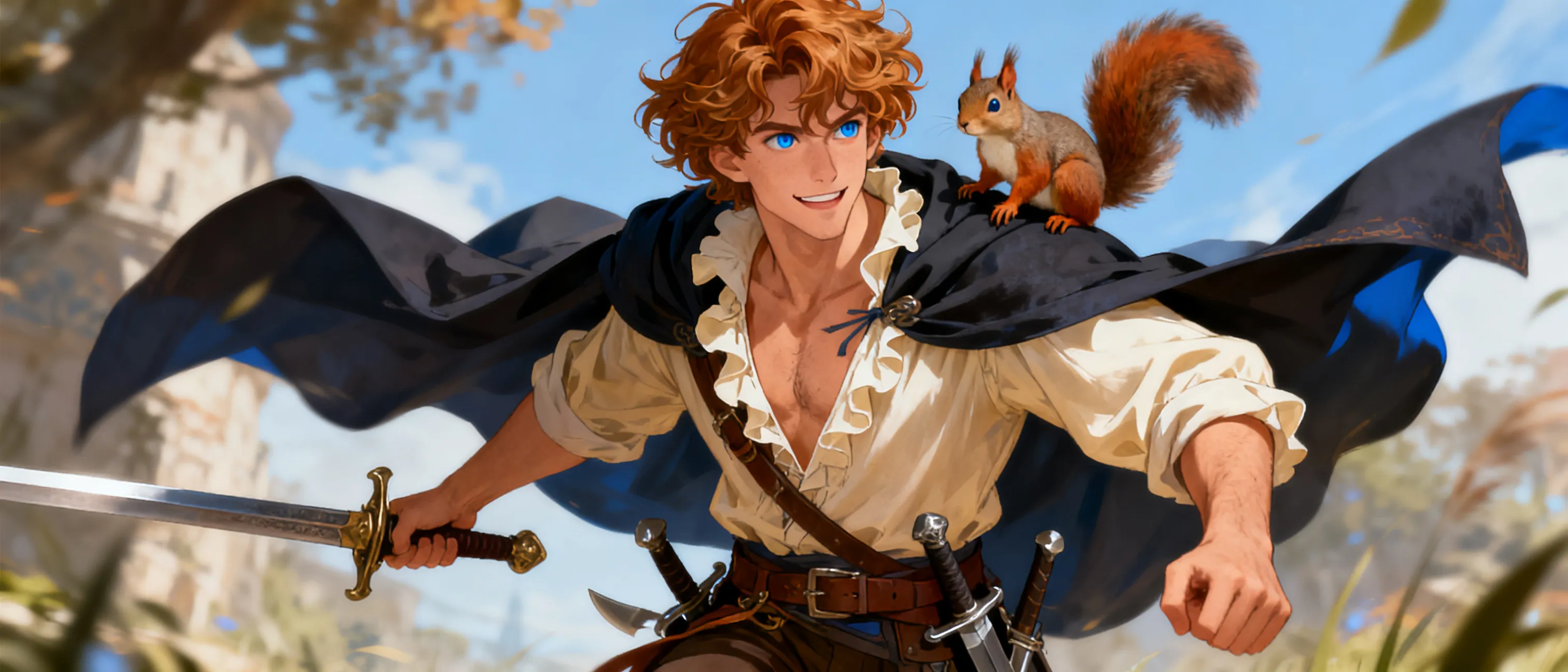 A lean young man of twenty with caramel-colored hair falling in unkempt waves, striking azure blue eyes, and a clean-shaven, roguish grin. He wears an ivory ruffled shirt open at the chest under a dark half-cloak, a rapier at his hip, daggers at his belt, and a tamed squirrel perched on his shoulder.