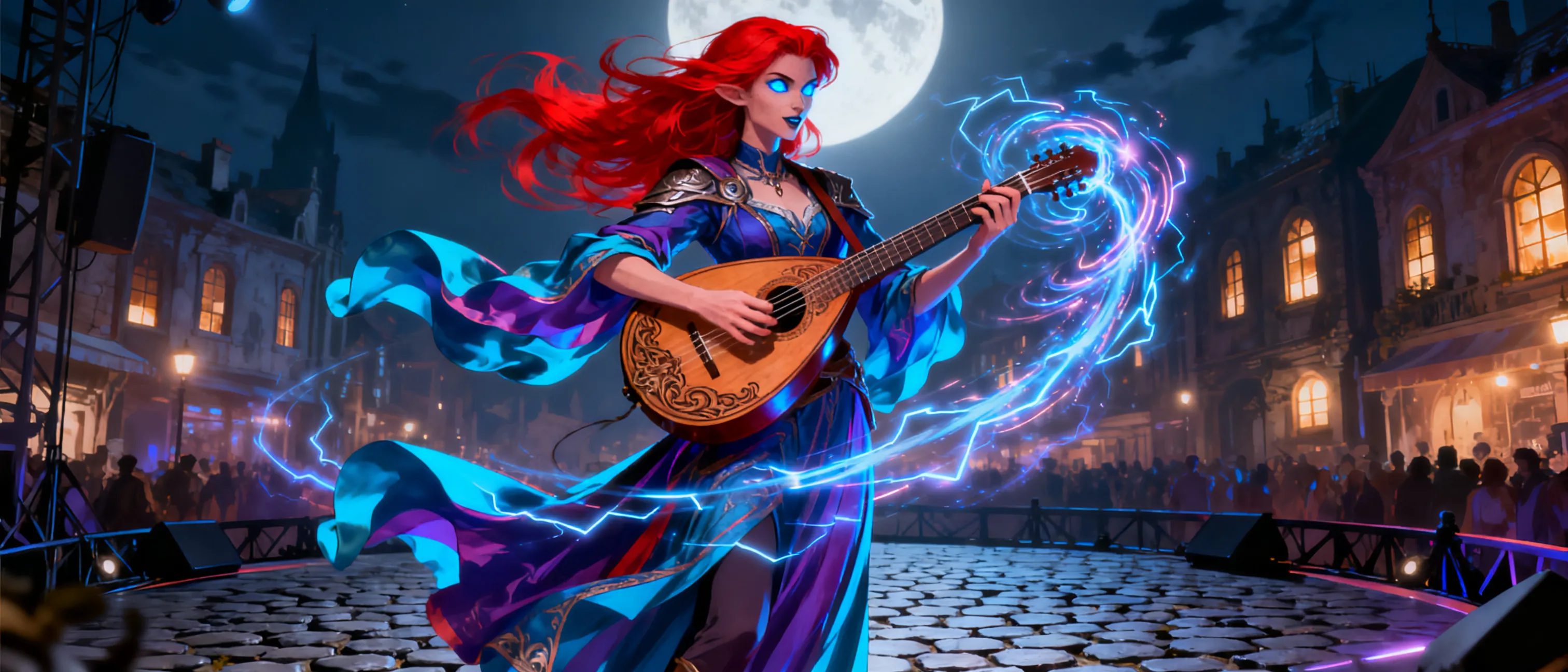 A tall, poised figure with long, flowing bright red hair, piercing blue eyes, and a vibrant wardrobe of electric colors. Lyra cradles a lute with practiced ease, her aura humming with musical magic and mischief, standing on a moonlit stage in a bustling city.