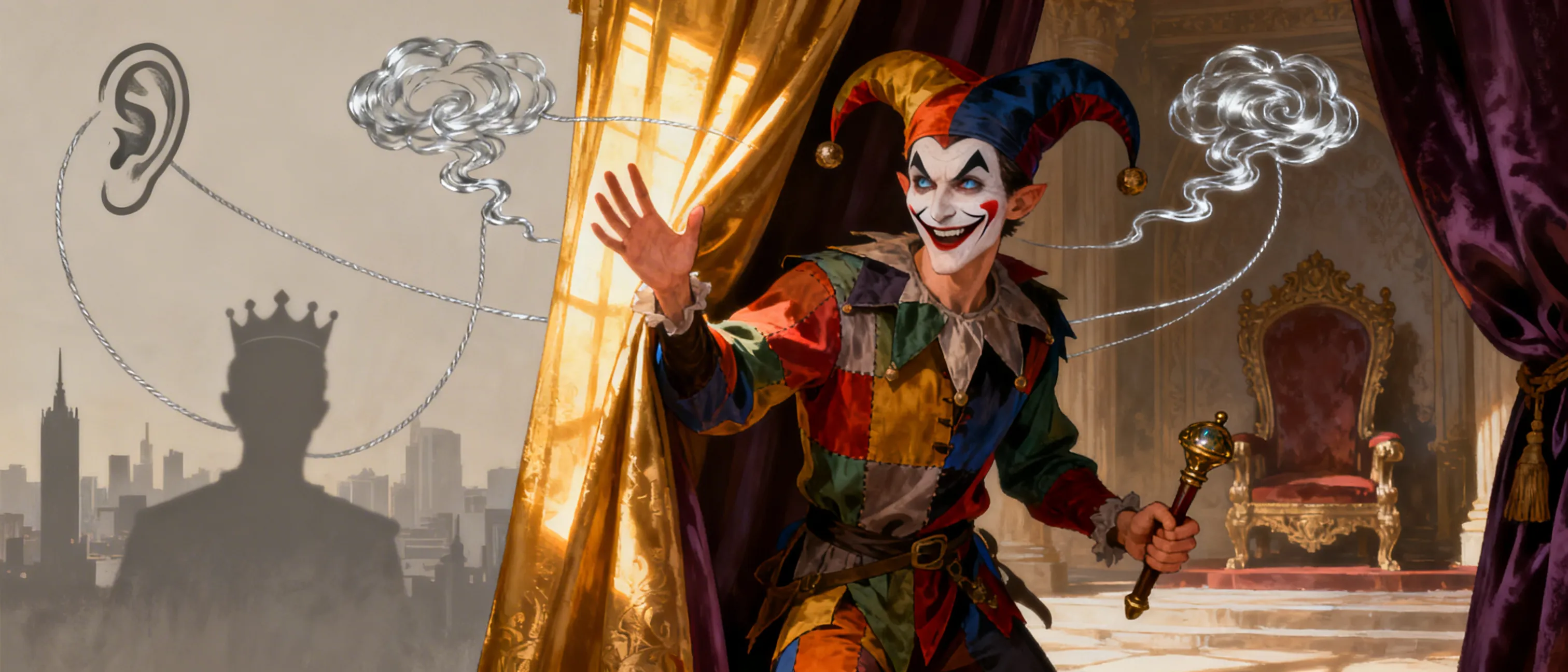 create a npc

A royal jester who on the surface is a silly fool but is secretly manipulating the king and running the kingdom from the shadows. 

maybe a bard who has powers of performance  