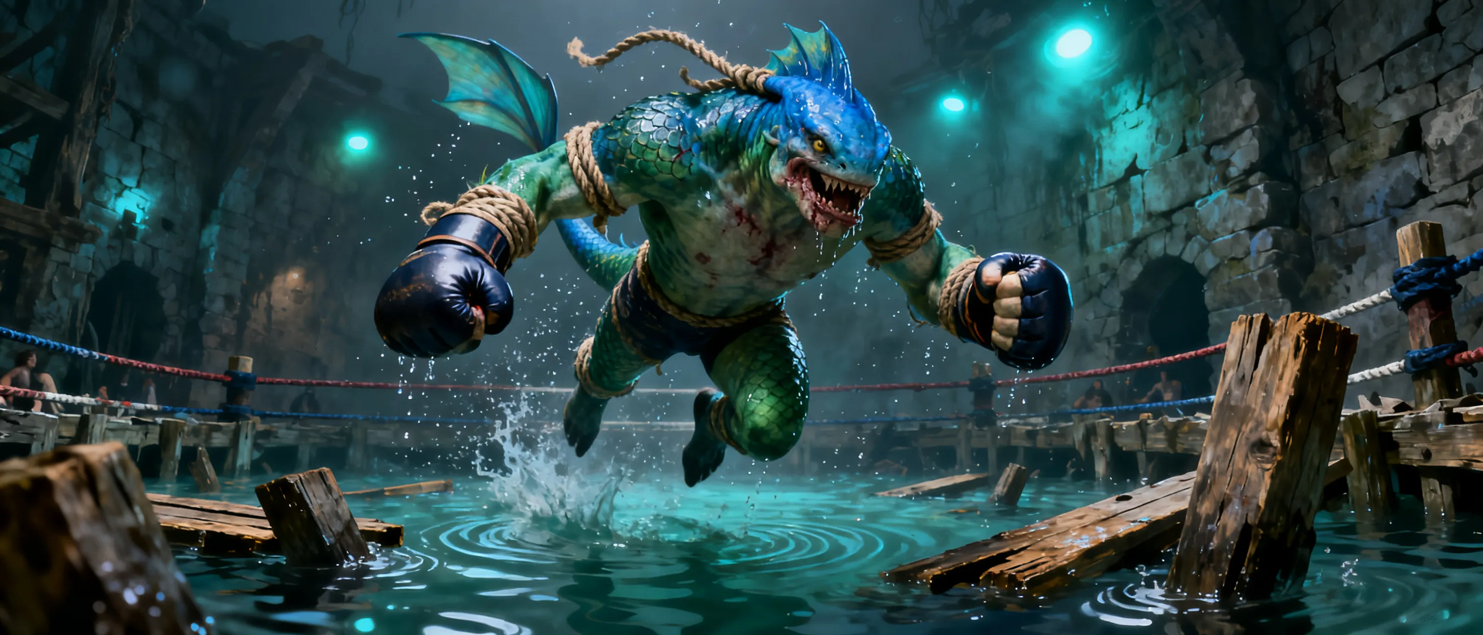 a Sahuagin fish person that used to be a soldier but after a attack of a kraken that group was destroyed, so he had nothing left and to make ends meet for himself he went into underground fight clubs and he became very good at it till he was picked up by a recruiter was shown the way of becoming a luchador he did this for a few years till the fight club was shut down now he is lost on what to do