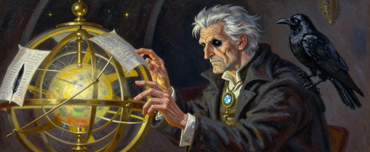 A gaunt old man in a threadbare astronomer's coat, silver hair falling past empty eye sockets seamed with fine scar tissue. His long ink-stained fingers rest on a great brass orrery whose spheres he turns by memory alone. Starlight falls through a cracked observatory dome, illuminating charts pinned with black feather quills. A void-touched raven with faintly violet eyes perches on his shoulder. Around his neck hangs a cracked sunstone amulet, dim but not dead.
