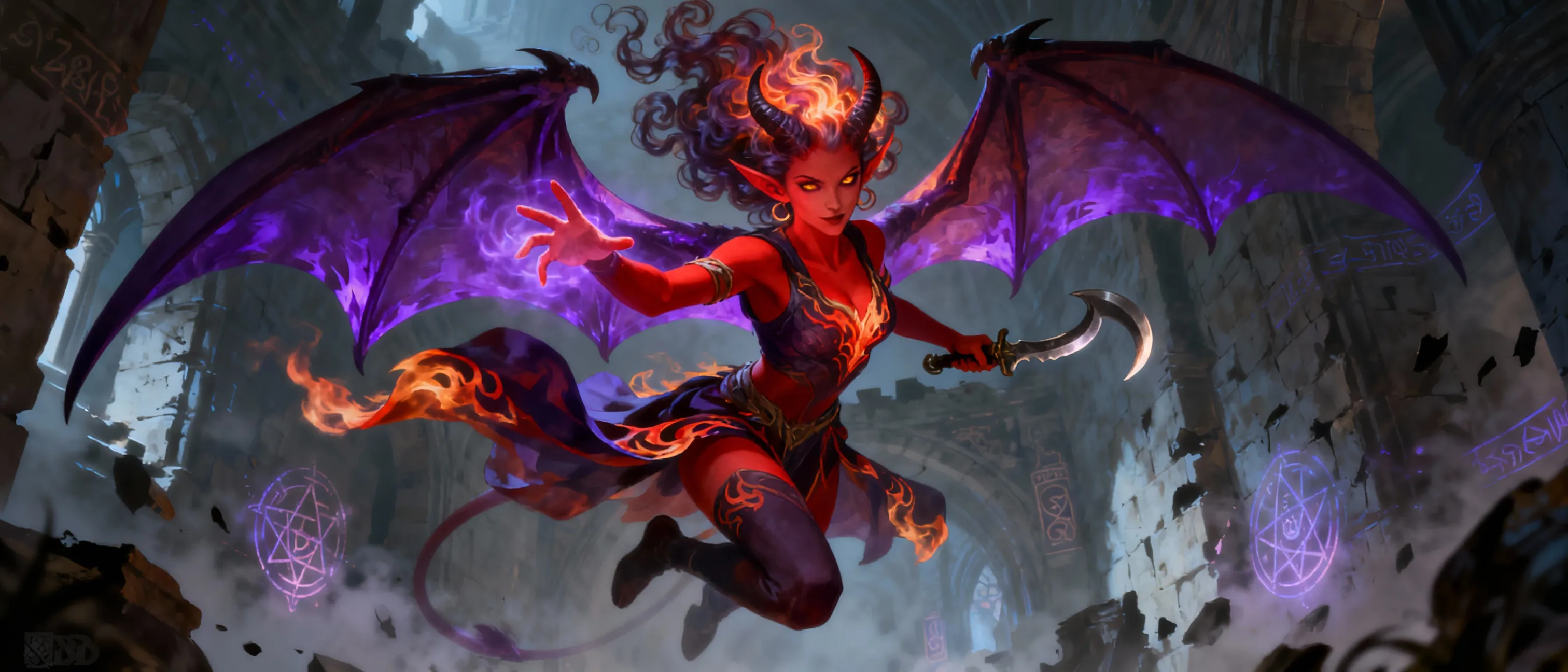 A statuesque, alluring demon-touched figure with ember-red skin, curling hair like dusk-litSmoke, and eyes that gleam with sly mischief. Wings fold gracefully along her back, edged in violet light, and her presence hums with magnetic charm and perilous intention.