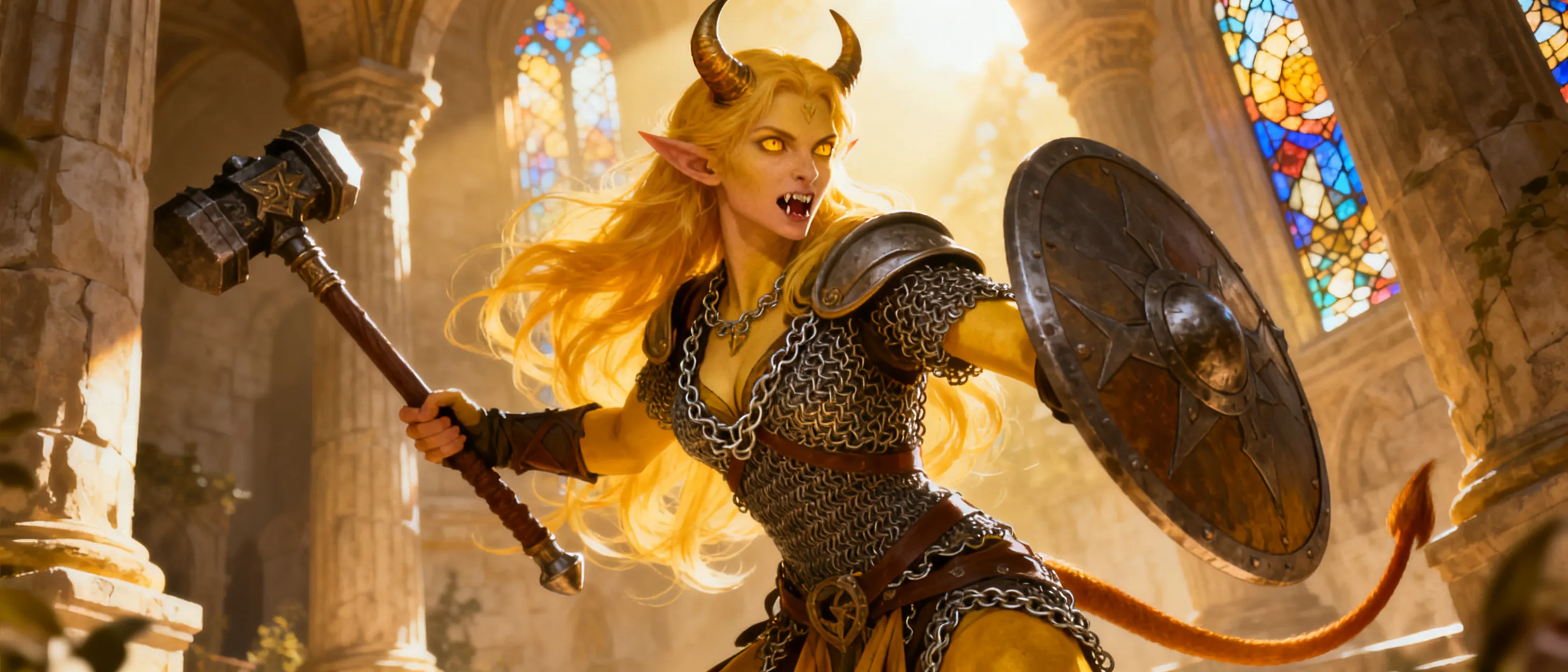 Female Tiefling cleric of Lathander, light domain, neutral good. Level 1. A Mephistopheles Tiefling