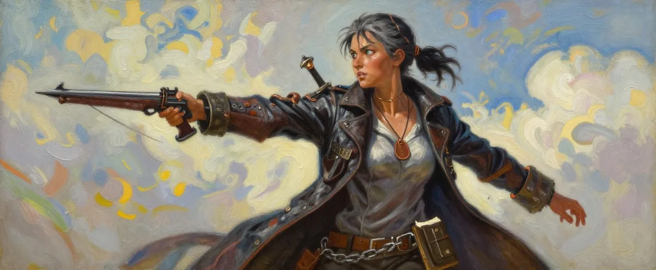 A wiry woman in her late thirties with sun-browned skin, grey-shot black hair tied back with copper wire, wearing a patched leather coat with dozens of small pockets, a ledger chained to her belt, and a copper token on a cord around her neck. She carries a hand-crossbow and a dagger, and her eyes are the flat, assessing grey of someone who has priced water during a drought.