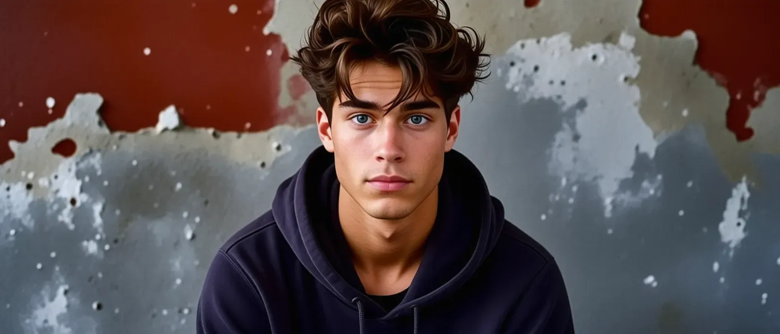 A young man with tousled brown hair and striking blue eyes, wearing a casual hoodie and jeans. He has a lean athletic build, with hints of muscle suggesting agility and strength. His expression is a mix of determination and playfulness, with a hint of mischief. He has a few web-like patterns subtly woven into his clothing, a nod to his heritage.