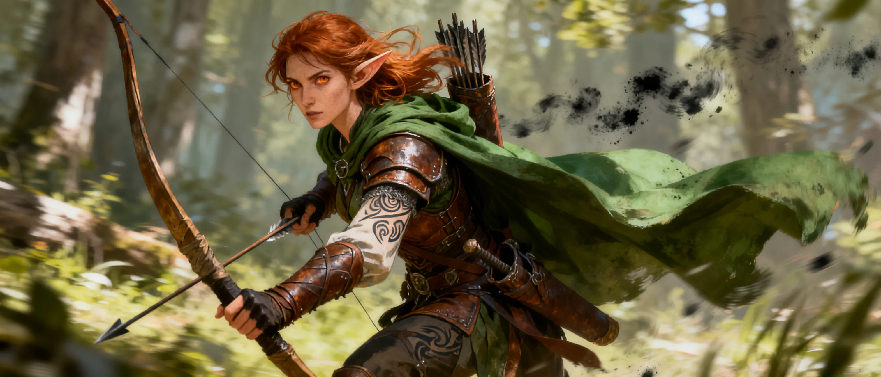Slim, tall elf with amber eyes and wind-tousled copper-brown hair. Wears worn leather armor and a green cloak; carries a longbow and a quiver of arrows. Trails of charcoal-smudged tattoos peek from beneath her sleeves. She moves with quiet precision through a woodland edge.
