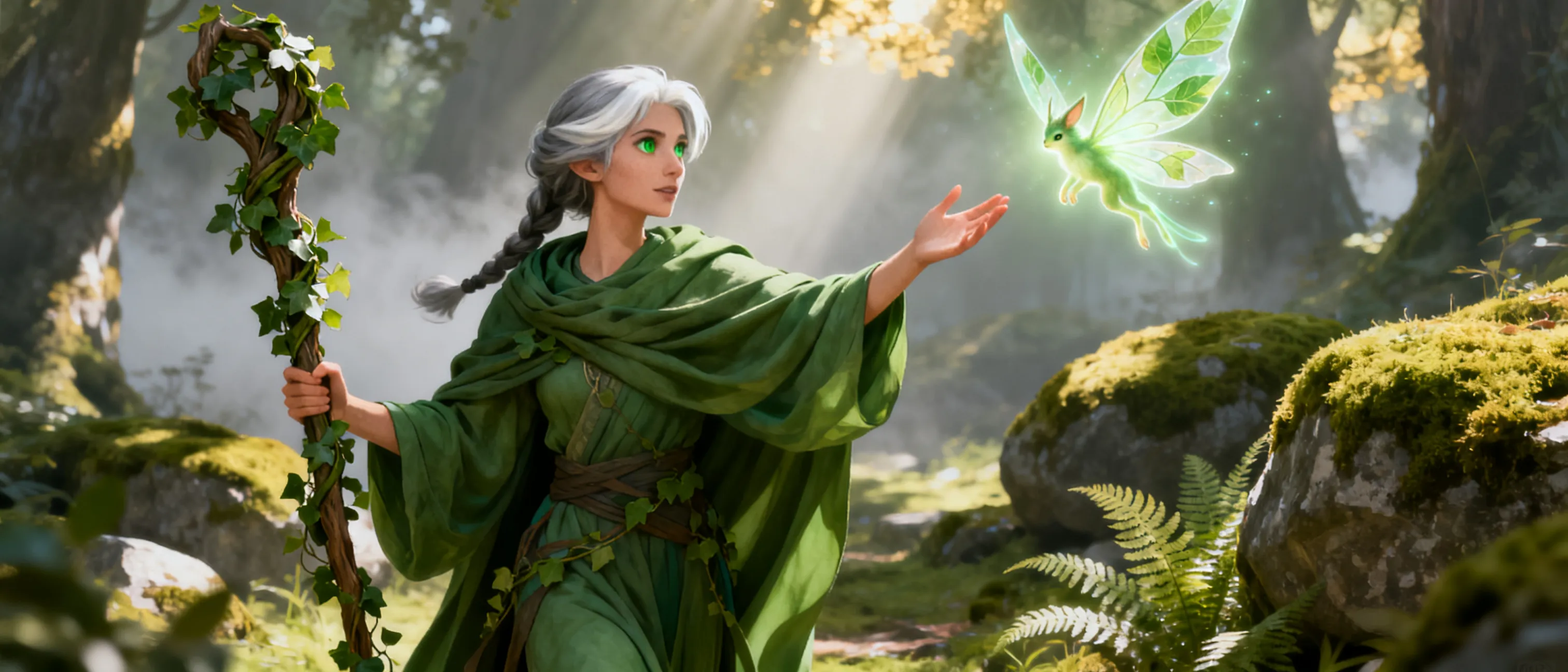 Druid female 45 year old. Wearing green with staff white streaked gray hair