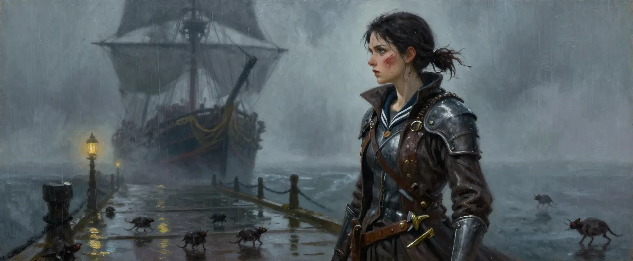 A lean, weathered woman in her early thirties, standing on a rain-slicked pier with her coat collar up. A pale scar runs diagonally across her left cheek. Her dark hair is tied back with tarred cord, and she wears a salt-stained sailor's coat over oiled leather armor. A curved knife hangs at her hip. Her eyes are watchful and grey-green, and she half-turns toward the fog-bound silhouette of the ghost ship Weeping Sister behind her, her expression torn between loyalty and doubt. Dim lantern light, drizzle, and swarming rats in the shadows.
