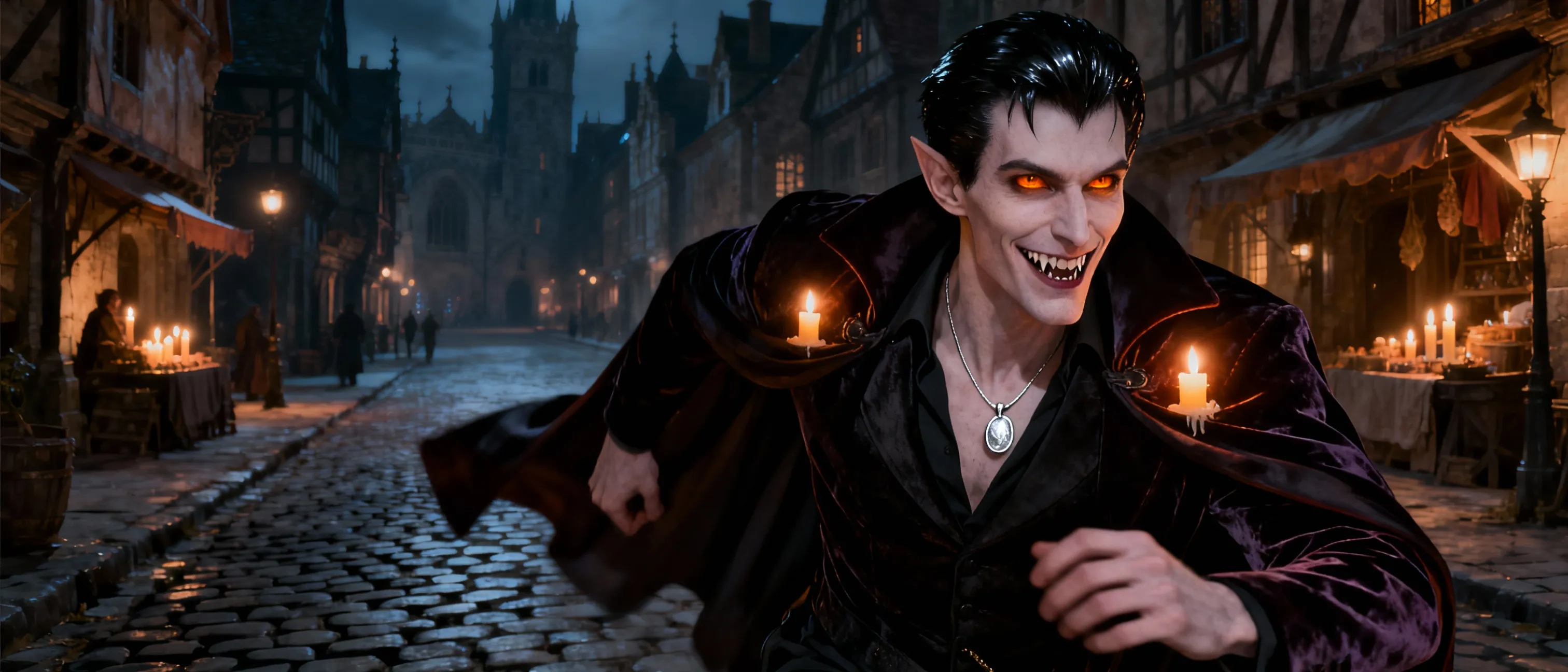 A tall, pale man with a sardonic smile and burning amber eyes. He wears dark, tailored clothes that whisper of velvet and edge, a cloak that seems to drink in the candlelight. His hair is black as obsidian, cropped short, and his fangs gleam whenever he grins. He moves with the gliding confidence of someone who has learned to navigate both court intrigue and the darker alleys of a medieval city. Around his neck hangs a simple silver pendant, catching light with a discreet shimmer. He does not hunt for sport, but for leverage—graceful, pragmatic, and always calculating the next move in a game where blood is both currency and consequence. Habitat: the cobbled streets of a shadowed metropolis, where noble houses and mercantile guilds keep their secrets as tightly as their ledgers.
