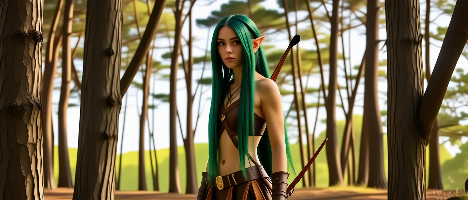 A tall, lean Wood Elf with long green hair and a leather outfit, standing among trees with a bow.