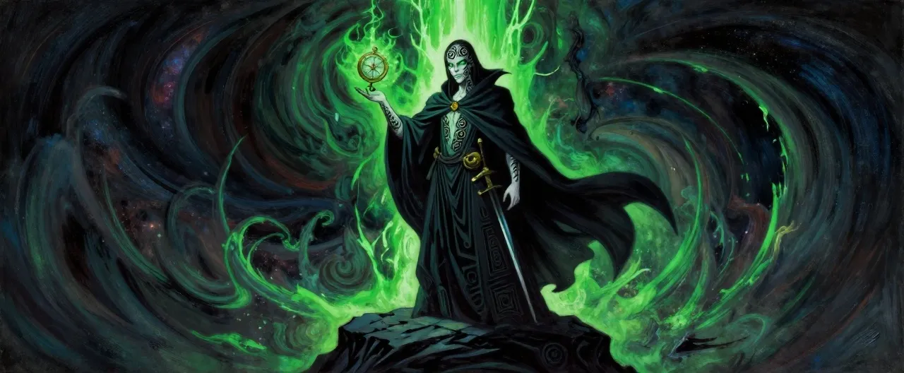 A tall, gaunt human figure stands atop an obsidian platform before a black hole. He wears layered dark robes that ripple with impossible, slowly-rotating geometric patterns. His pale face is tattooed with black spiral sigils that seem to writhe. His eyes glow with a sickly green light. In one hand he holds a brass compass wreathed in eerie starlight; a star-forged rapier hangs at his hip. Behind him, a vertical slash of sickly green light tears open reality. Cosmic horror aesthetic, swirling nebulae background, dramatic rim lighting.