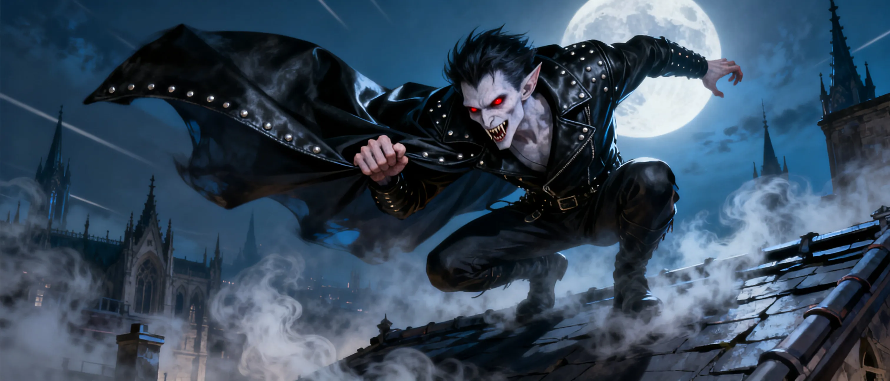 A pale, sharp-featured humanoid with crimson eyes, fangs, dark hair, and a black studded-leather cloak, lurking in a moonlit gothic city rooftop shrouded in mist.