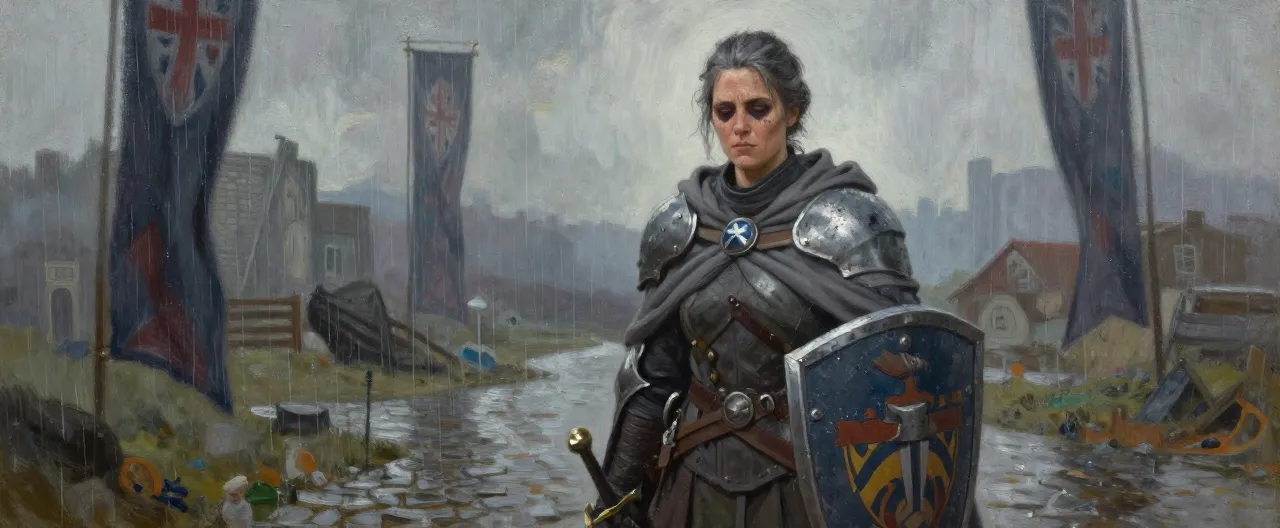 A tall, broad-shouldered woman in her forties with grey-streaked dark hair pulled back in a tight knot, tired hazel eyes ringed by sleepless shadows. She wears dented half-plate beneath the ash-grey cloak of the Ash Watch, a longsword at her hip and a shield bearing Nostramus's harbor sigil. Ash dusts her pauldrons. Her expression is stern, weathered, and quietly grieving—a soldier holding a dying city together by will alone. Wet cobblestones and plague banners blur behind her in the drizzle.