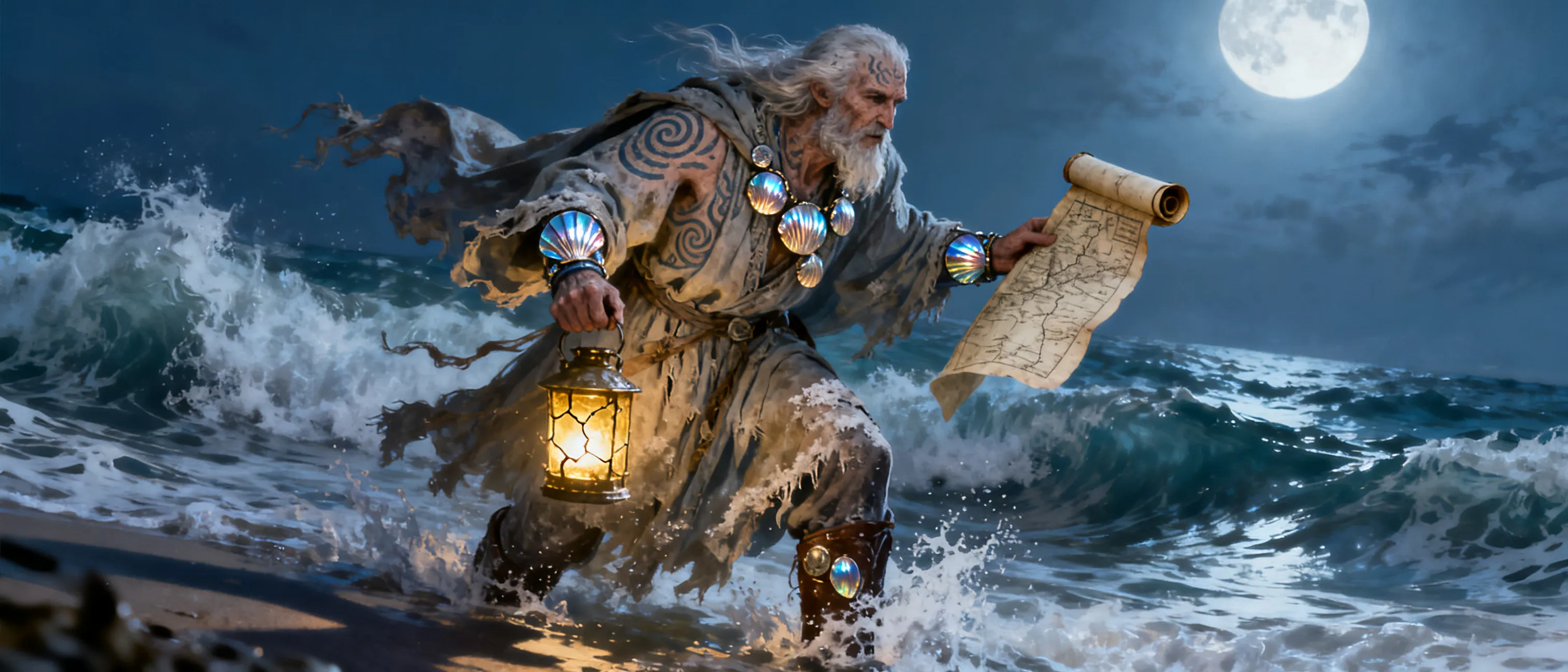 An ageless sea-warped prophet in salt-stiff robes, mirrored shell ornaments, and tide-mark tattoos, standing in moonlit surf with a cracked lantern and an ancient chart held close.