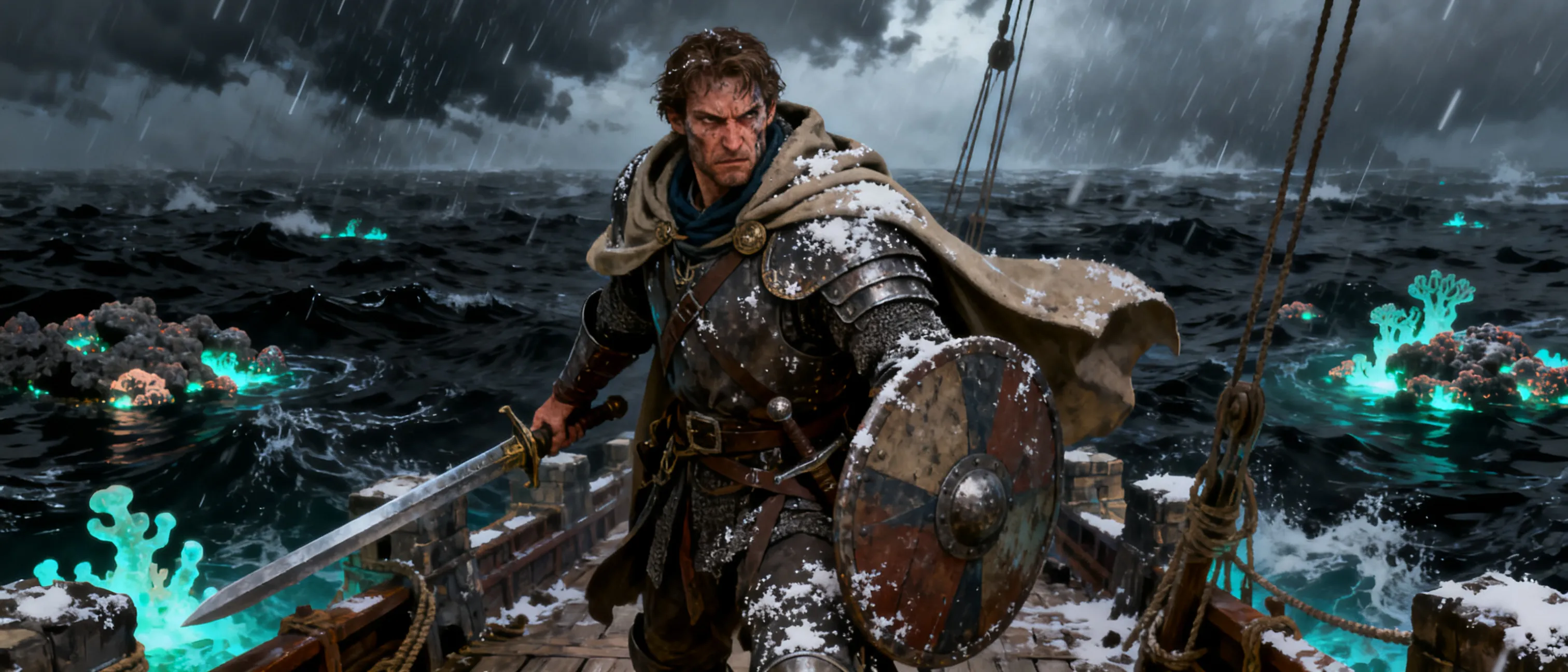 Hard-bitten human marshal in salt-stained armor with a shield and longsword, weathered face, shipboard cloak, and a commander's stare; stands on a storm-lit sea fort overlooking black water and glowing reefs.