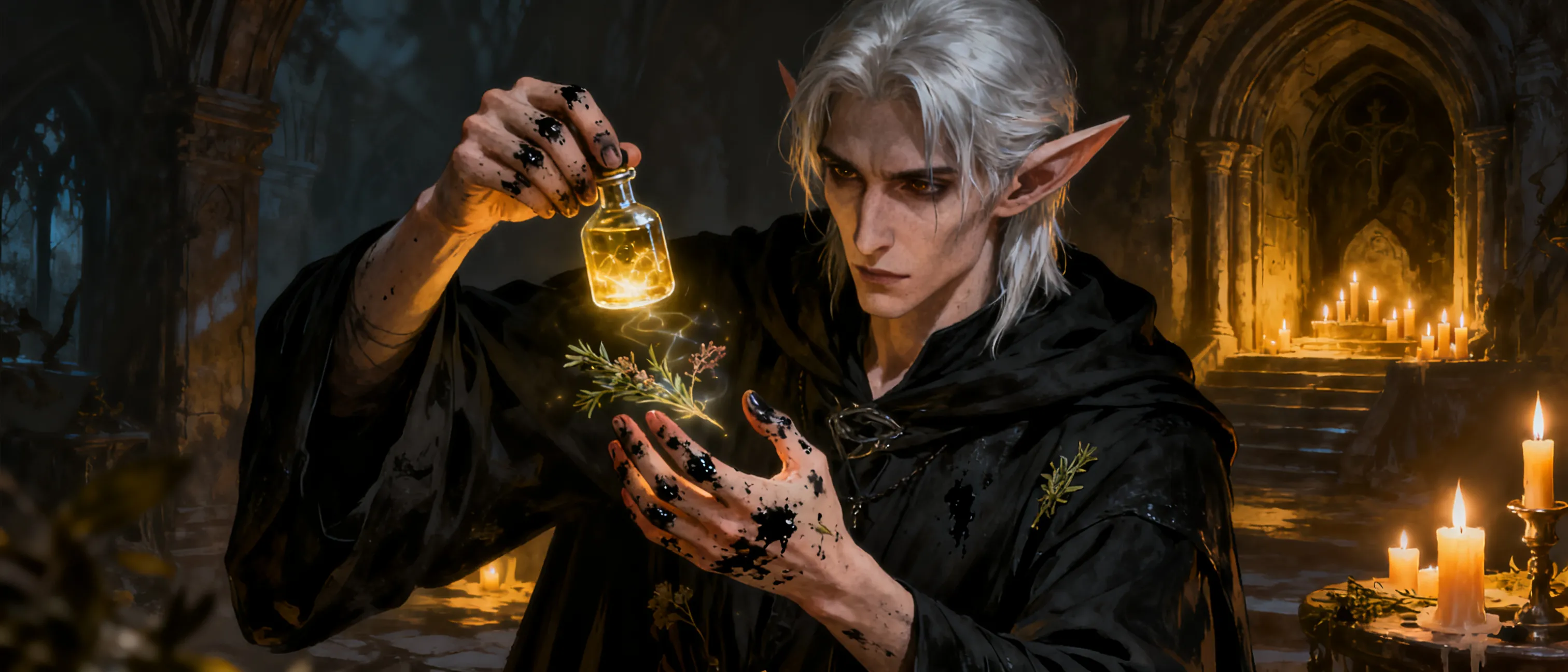 Lean dark elf with pale silver hair, severe features, healer’s hands stained by ink and herbs, dressed in practical black robes amid candlelit crypts and shadowed noble estates.