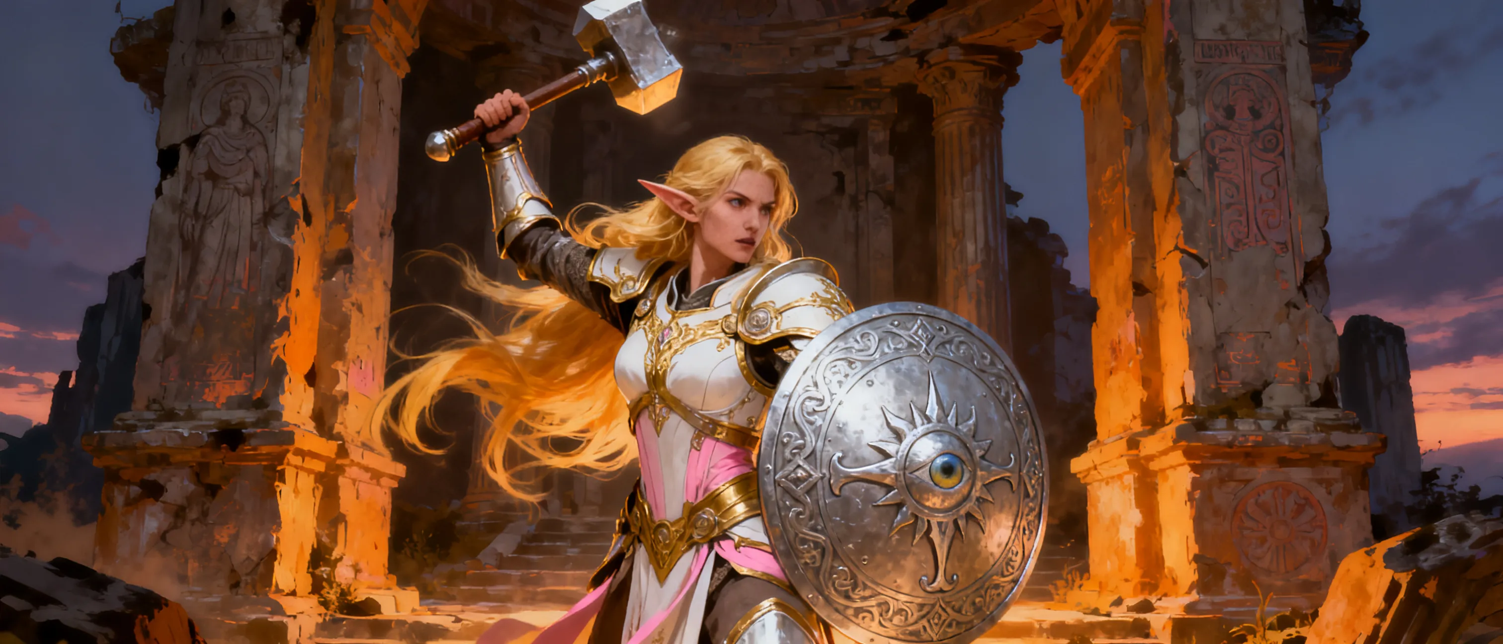 Female Half-Elf Paladin, sworn to rid this world of Undead of all kinds. Her mother fell ill and left for the Undying lands of her Elven people.  Her father, a human Ranger was turned by a powerfull Vampire. Her father now walks the earth as an undead creature. She is a follower of Gorm Gulthyn, and proudly displays the Deity's symbol on her Silver, heavily ornate circular shield. Her long flowing golden hair sways behind her. Her chosen weapon is a light war-hammer, but a close second is a Silver & Mythril Dagger she keeps at her waist. Her Breastplat armor expertly crafted by the Elves, a gift from her mother. It is forged from white gold and mythic and carries a tint of pink in its hue. It is quite impressive.