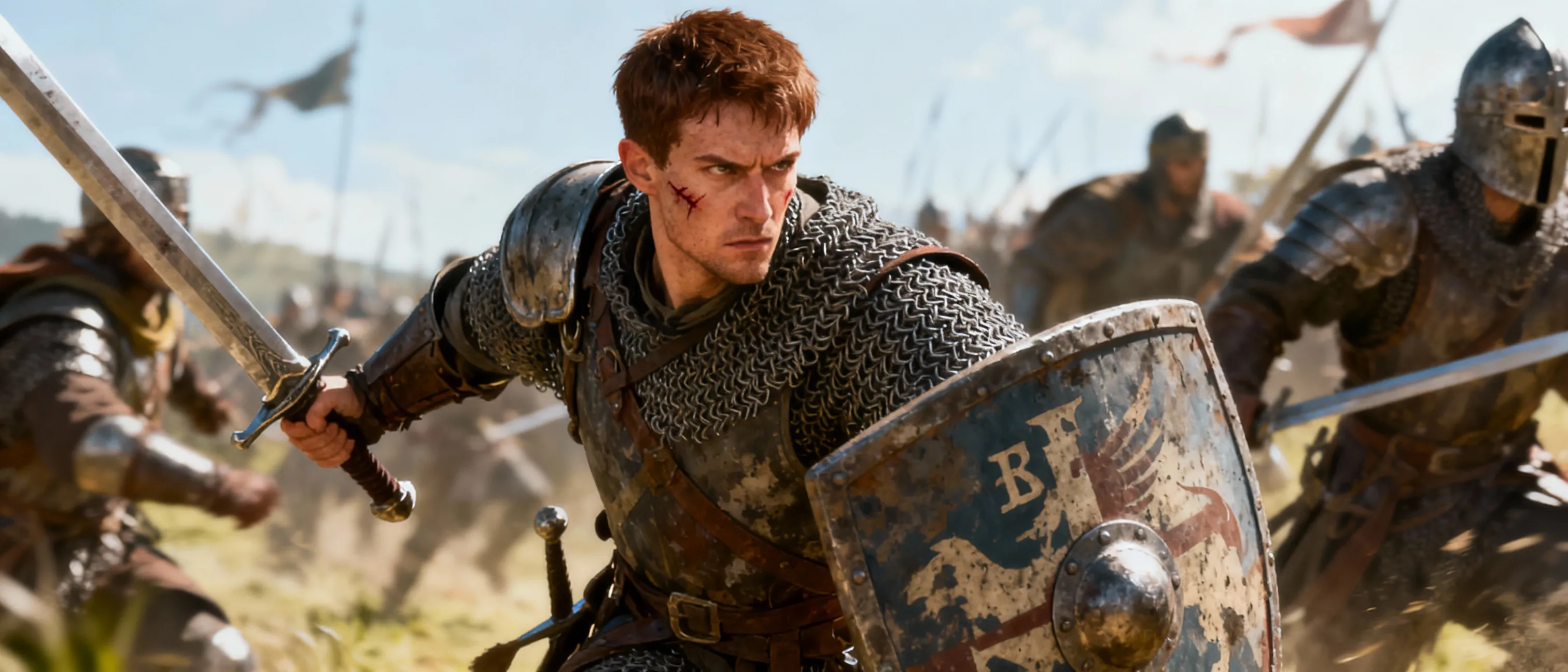 A tall human warrior in weathered chain mail, scar across the cheek, short-cropped brown hair, and a stern gaze. He carries a steel longsword and a sturdy shield, the heraldry faded but legible, ready to lead men into battle.