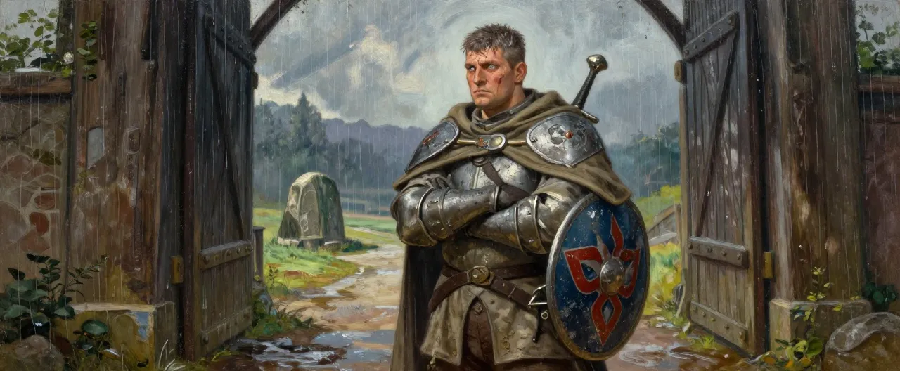 A weathered human male in his late forties, broad-shouldered and heavyset with the build of a career soldier. Grey-shot brown hair cropped short, a deep scar running from his left brow to his jaw, and tired but steady hazel eyes. He wears a dented breastplate over a faded cloak bearing the three interlocked shields of the old alliance, now bleached nearly colorless by rain and ash. A longsword rides his hip and a round shield is slung across his back. He stands at a rain-lashed timber gate of Accord Hall, arms crossed, watching the treaty stone in the muddy square.