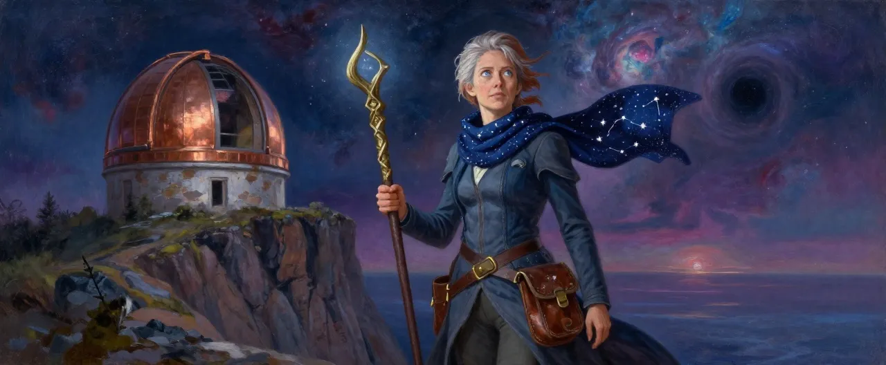 A human scholar in her fifties stands on a windswept cliff before a ruined copper-domed observatory. Silver-streaked auburn hair is pulled back beneath a star-charted scarf; keen blue eyes gleam with quiet obsession. She wears layered practical traveling clothes in deep blue and grey, a worn leather satchel of star charts at her hip, and grips a rune-carved quarterstaff whose tip glows with faint constellations. Behind her, the night sky swirls with nebulae and a distant black hole on the horizon.