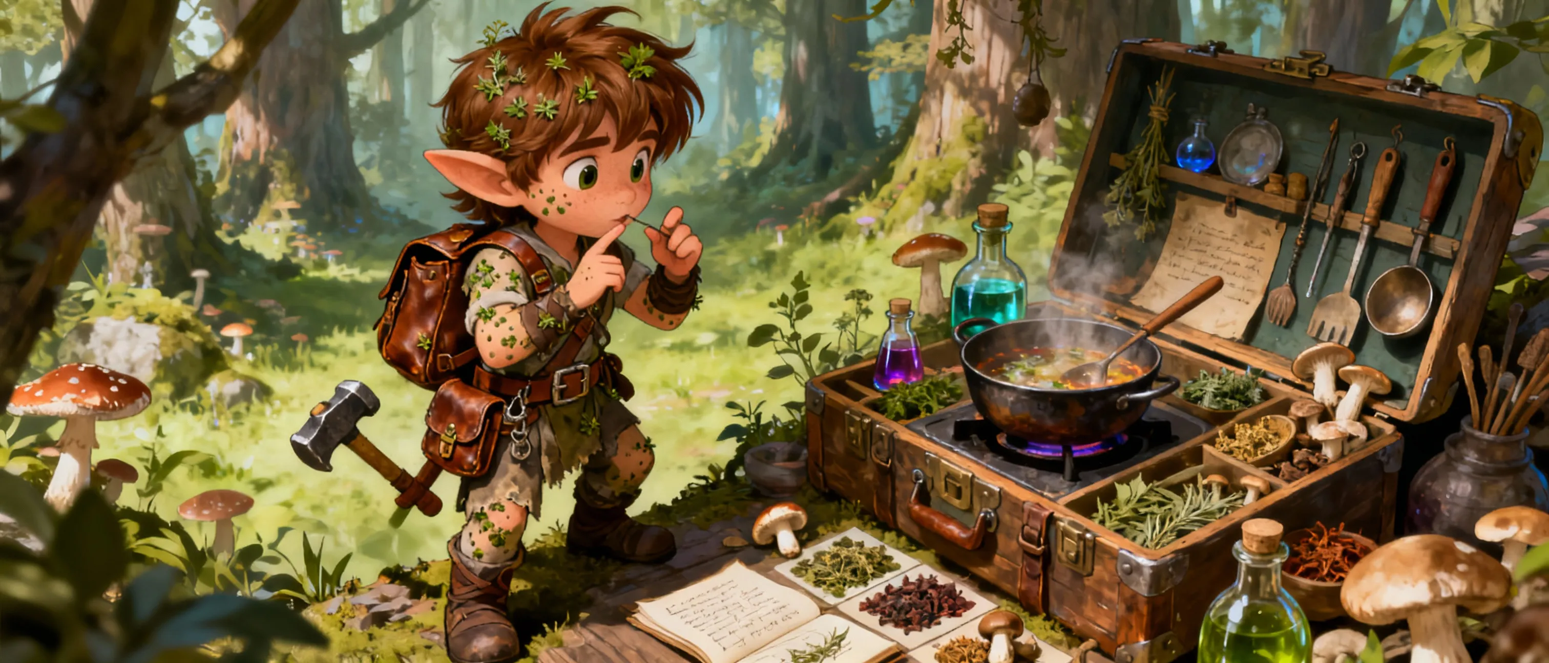 Un halfling druide, spécialisé en création de potion et d'alchimie.
Il est considéré par son cercle comme un érudit en  botanique et en champignons.
Il adore retranscrire ses découvertes et les faires découvrir ( intentionnellement ou non !).
Il dispose d'un havre sac contenant : 
son matériel d'alchimie
Son  matériel de conception de potion
Son matériel de cuisson 
Des compartiments de stockage pour les ingrédients 
Son matériel d'aventure également.