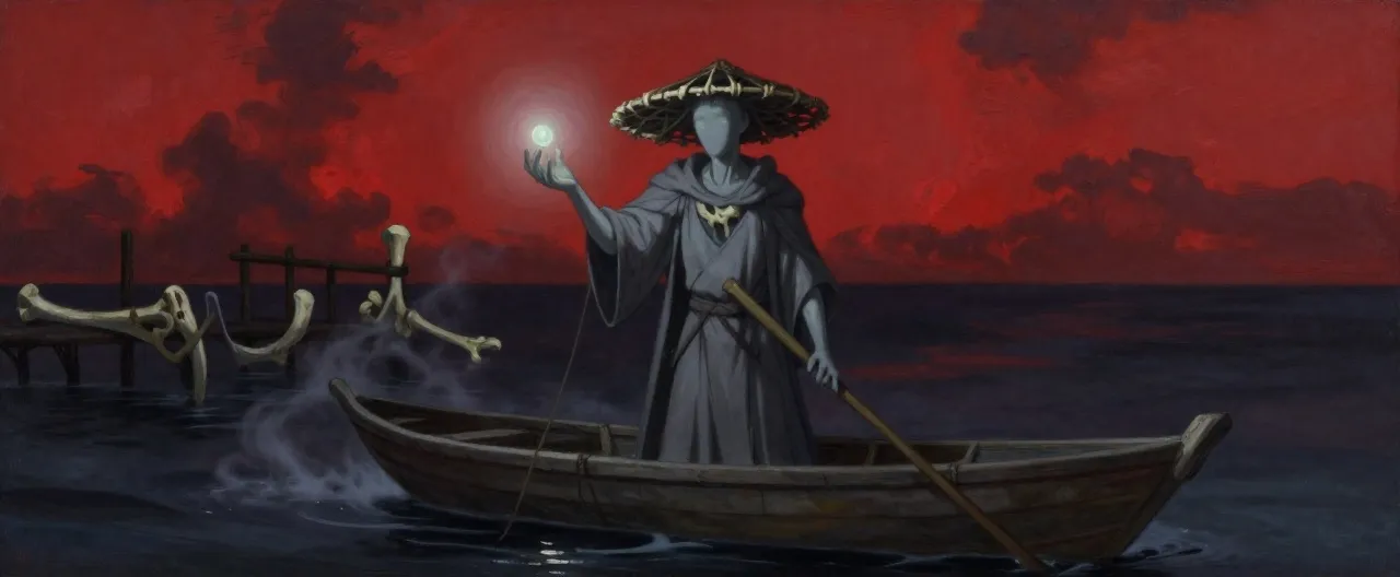 A haunting dark-fantasy portrait: an ancient ferryman standing at the oar of a flat-bottomed boat on a river of black, oil-slick water. His skin is pale gray and smooth — his face entirely blank, without eyes, nose, or mouth, like an unfinished statue. He wears layered, sodden gray robes and a wide-brimmed hat of woven bone. One withered hand grips an oar of bleached wood; the other holds out a faintly glowing pearl of pale light. Mist coils around a dock of fused bone behind him. Under a bruised red Avernus sky. No text, painterly style, cinematic lighting.