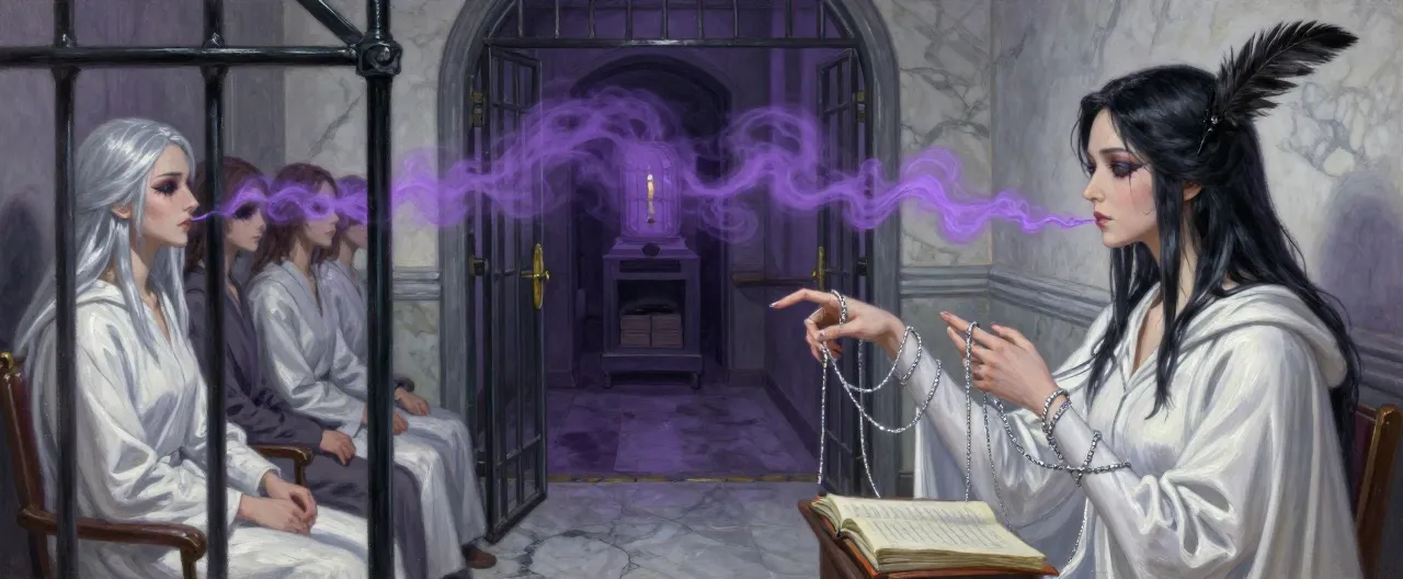 A tall, gaunt woman glides down a marble asylum corridor, her white robes immaculate and trailing like a shroud. Silver thread is wound around her long fingers and loops from her sleeves in glittering strands, each thread trailing faintly toward the stitched-shut eyes of patients seated in silent rows. Her face is serene, almost motherly, framed by silver-streaked black hair pinned with a black feather. Her lips move in a soft lullaby, and thin wisps of violet light curl from her mouth like smoke. Behind her, a locked iron door leads down to a basement reliquary, and a ledger of deliveries rests open on a lectern. Painterly dark-fantasy illustration, cold candlelight, marble and silver palette with accents of void-violet.