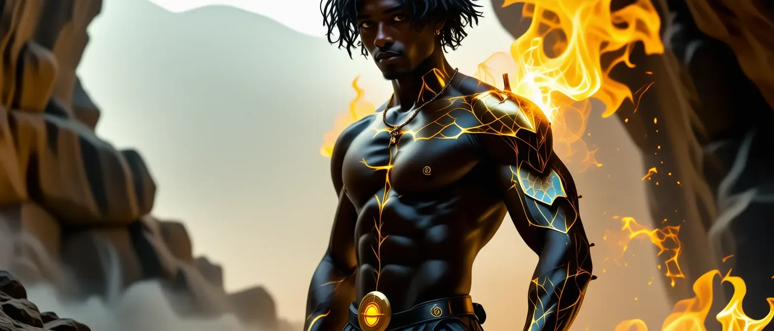 Karim stands tall, brass scales glistening like molten metal, tattoos on his arm swirling with arcane symbols. His amber eyes shimmer with mischief.