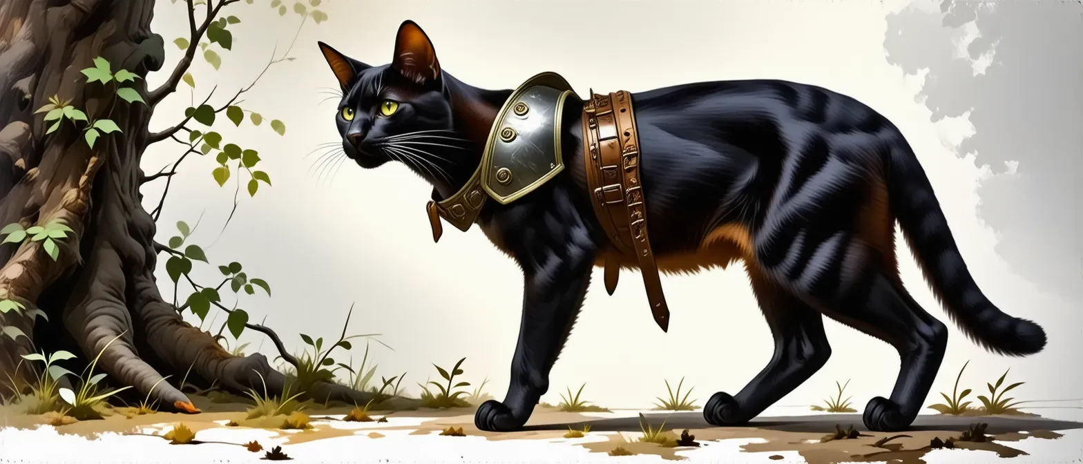 A sleek Tabaxi with dark fur and green eyes, adorned with simple leather armor. Comes from a lush forest habitat, agile and stealthy.