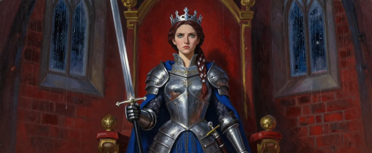 A tall, imposing human woman in her early forties, standing rigidly straight with a soldier's posture despite the weight of a silver circlet crown set with pale sapphires. Her dark auburn hair is pulled back in a severe braid, threaded with silver streaks from three years of war. She wears a polished breastplate etched with the oak-and-crown sigil of Aurelia over a deep blue court gown, a longsword (the Crownbreaker's twin, a royal longsword) sheathed at her hip. Her green eyes are sharp and weary, framed by faint lines of sleepless nights, and she holds a silver scepter like a marshal's baton. Behind her, the red brick of the Royal Castle throne room blurs into shadow, lit by rain-streaked windows. The mood is regal exhaustion: a queen who would rather be anywhere but a throne, standing guard over a peace that is crumbling around her.
